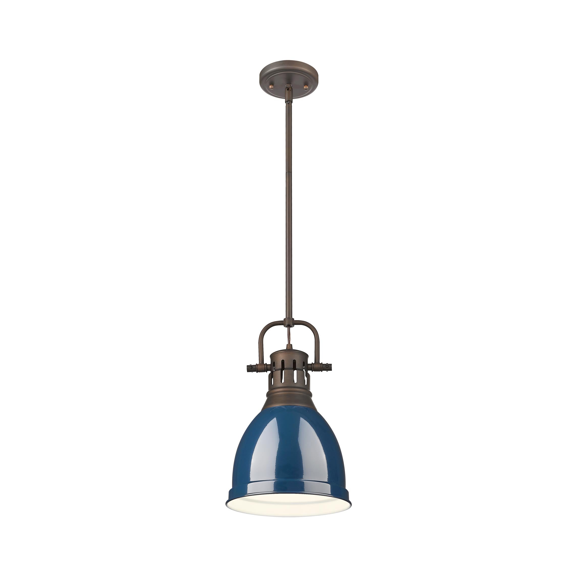 Yep by Golden Lighting Duncan 1-light 9in Rod Hung Pendant in Rubbed Bronze and Navy Blue shade - - Golden Lighting