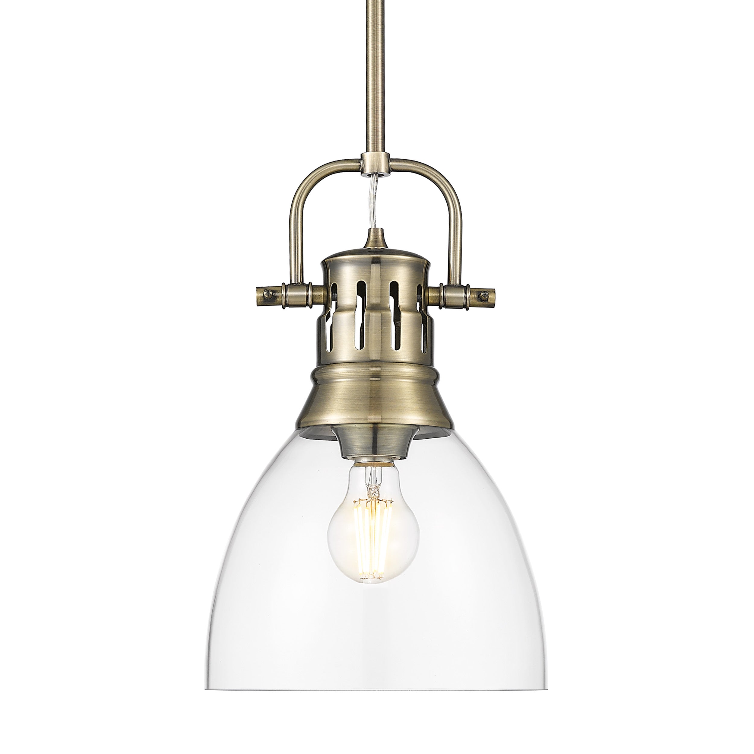 Yep by Golden Lighting Duncan 1-light 9in rod hung Pendant in Aged Brass and Clear Glass