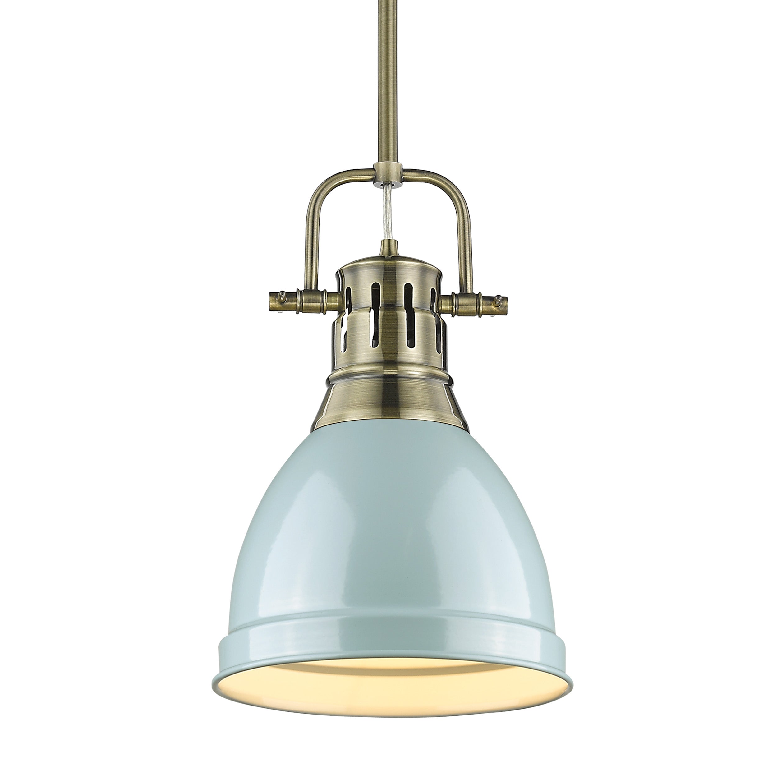Yep by Golden Lighting Duncan 1-light 9in Rod Hung Pendant in Aged Brass and Seafoam shade