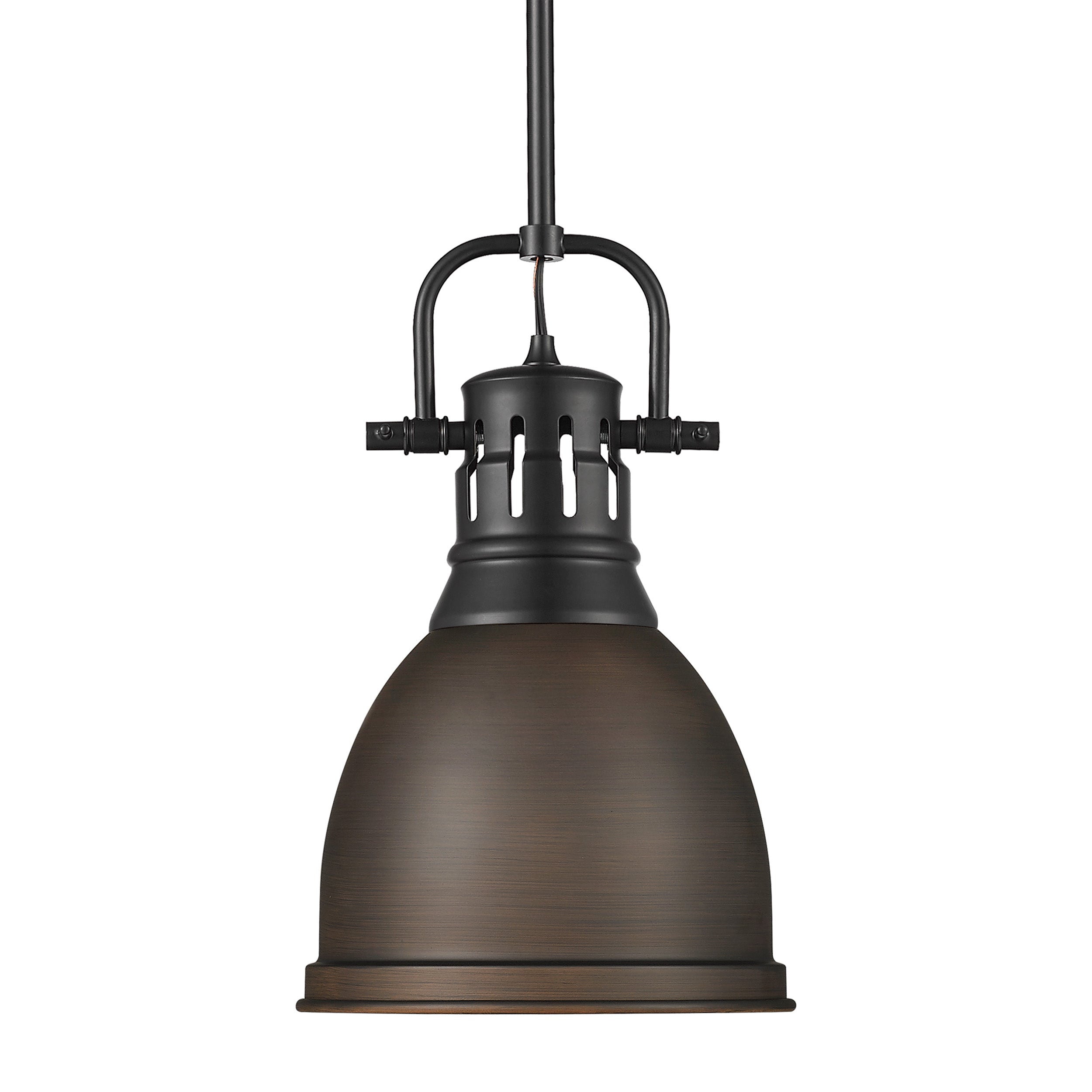Yep by Golden Lighting Duncan 1-light 9in Rod Hung Pendant in Matte Black and Rubbed Bronze shade
