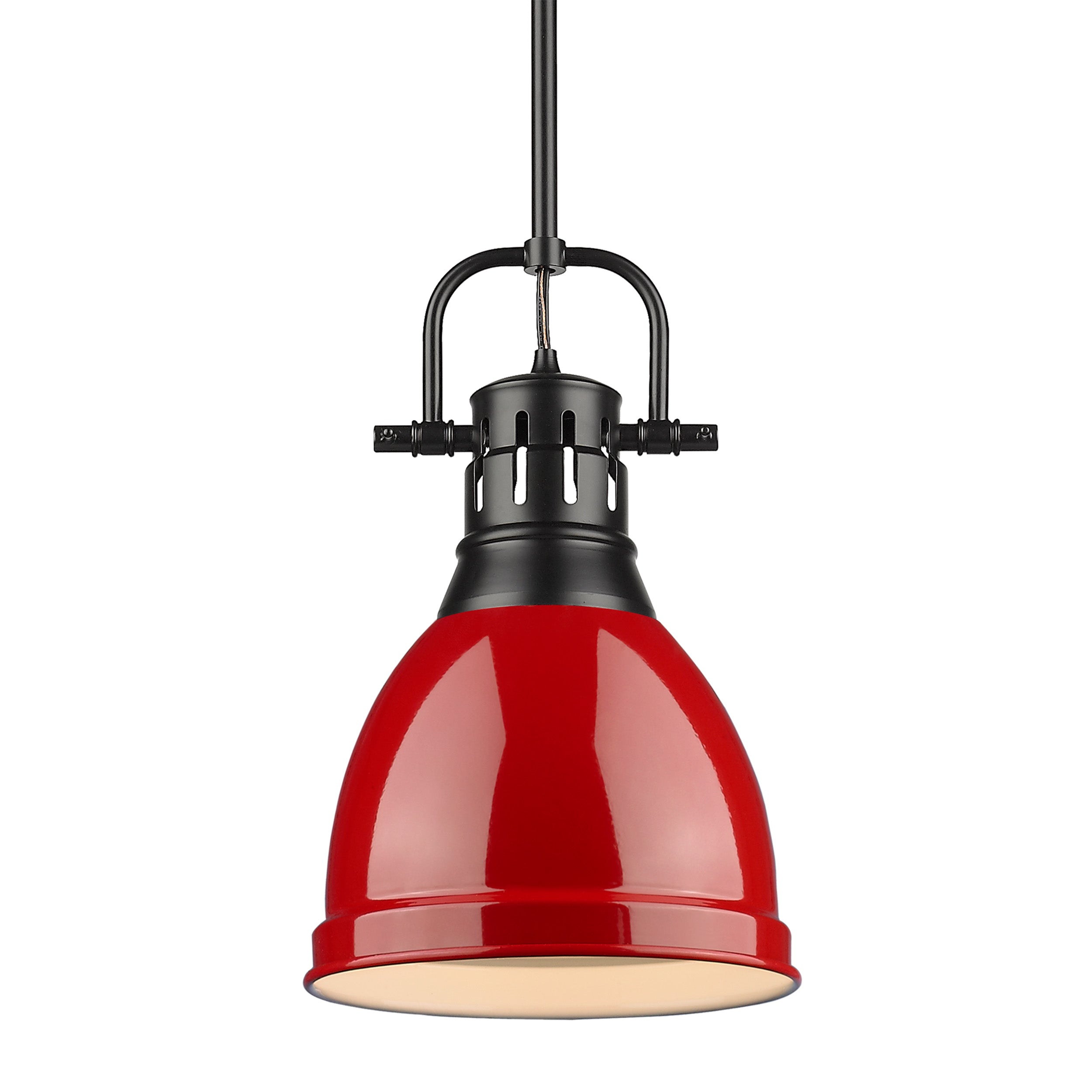 Yep by Golden Lighting Duncan 1-light 9in Rod Hung Pendant in Matte Black and Red shade