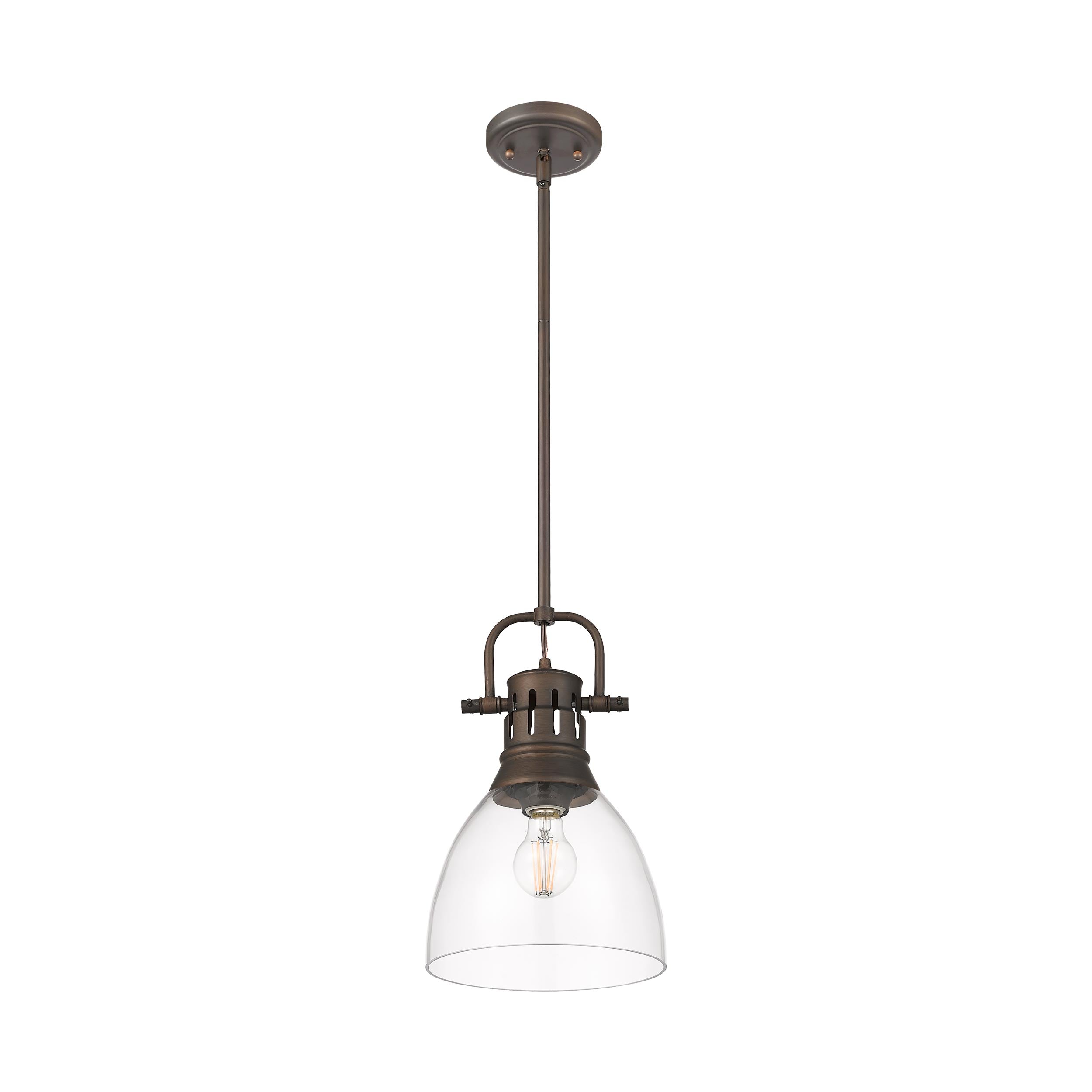 Yep by Golden Lighting Duncan 1-light 9in rod hung Pendant in Rubbed Bronze and Clear Glass
