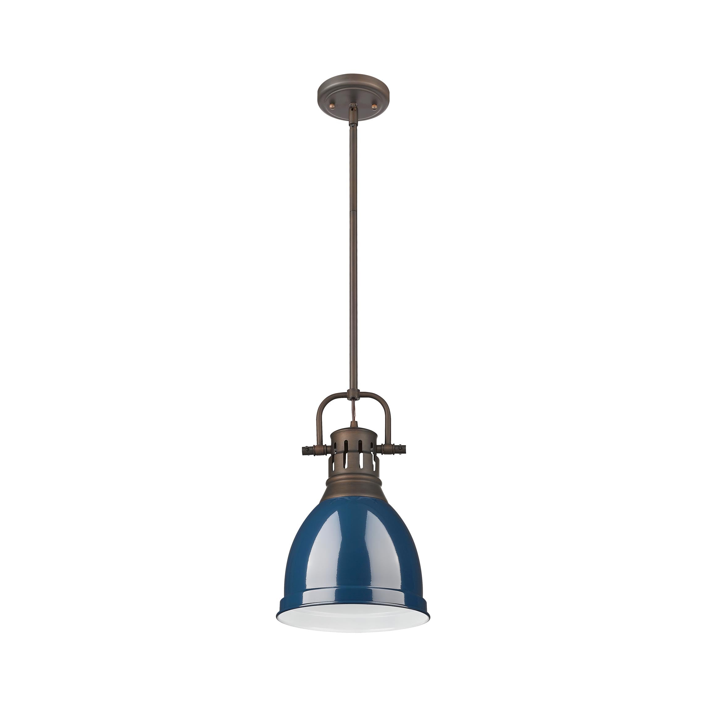 Yep by Golden Lighting Duncan 1-light 9in Rod Hung Pendant in Rubbed Bronze and Navy Blue shade