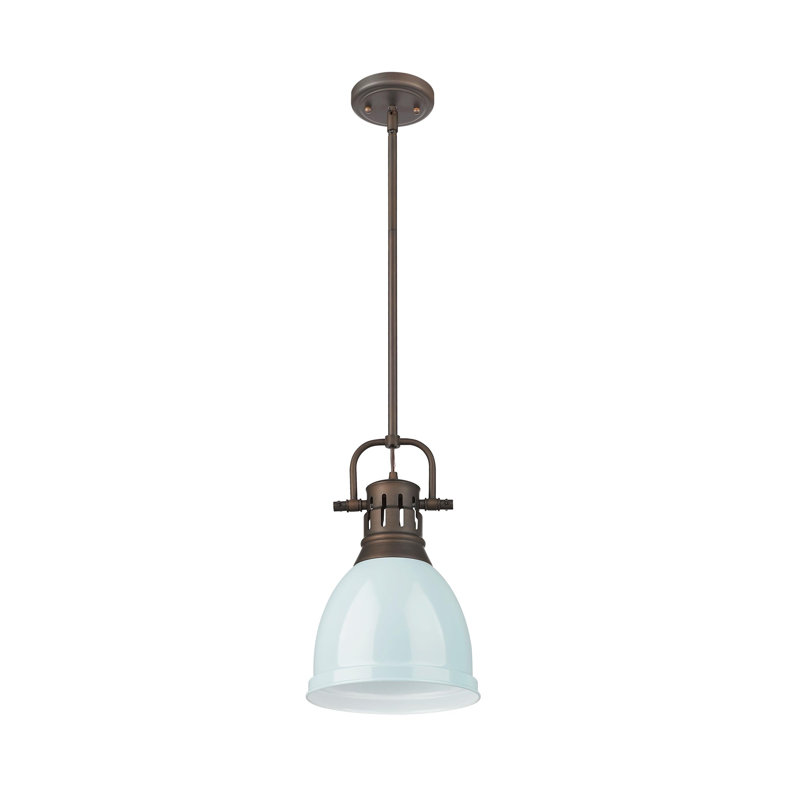 Yep by Golden Lighting Duncan 1-light 9in Rod Hung Pendant in Rubbed Bronze and Seafoam shade