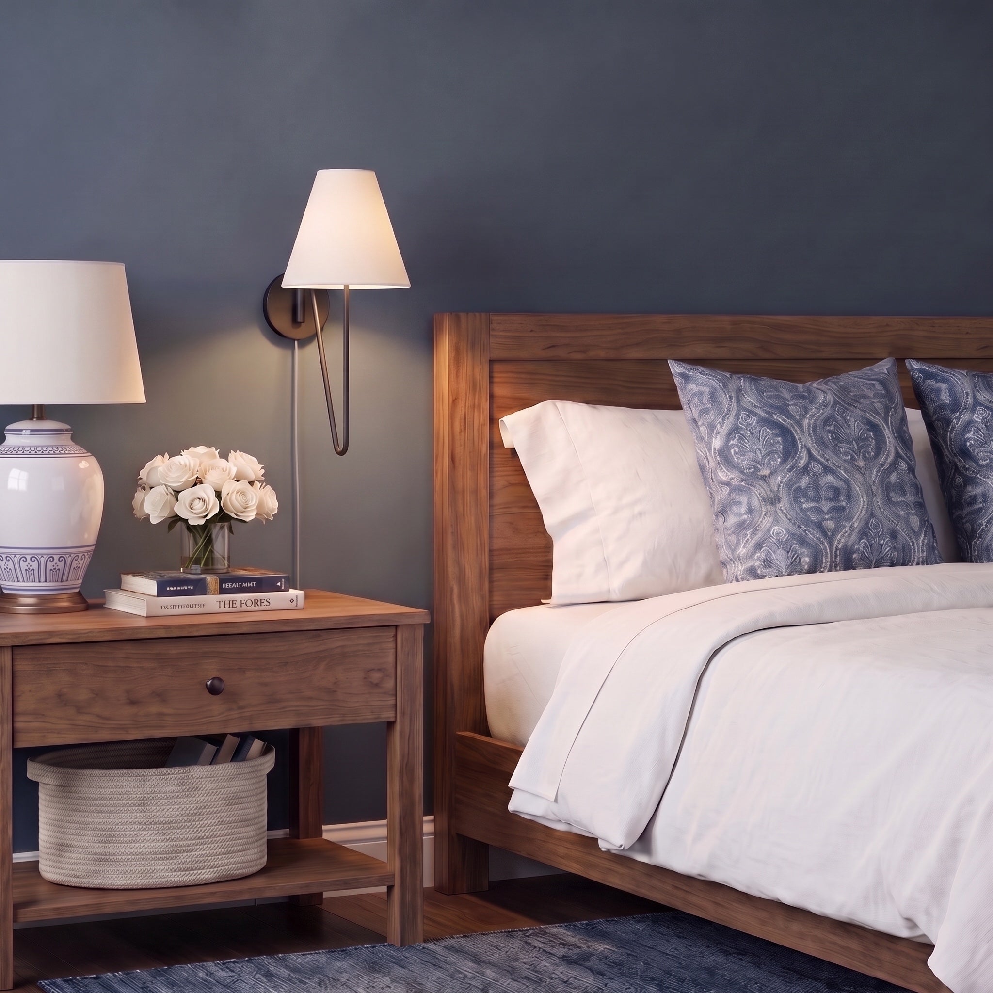 Kennedy 1-light Swing Arm Wall Lamp in Natural Black, AI-visualized bedroom scene - Golden Lighting