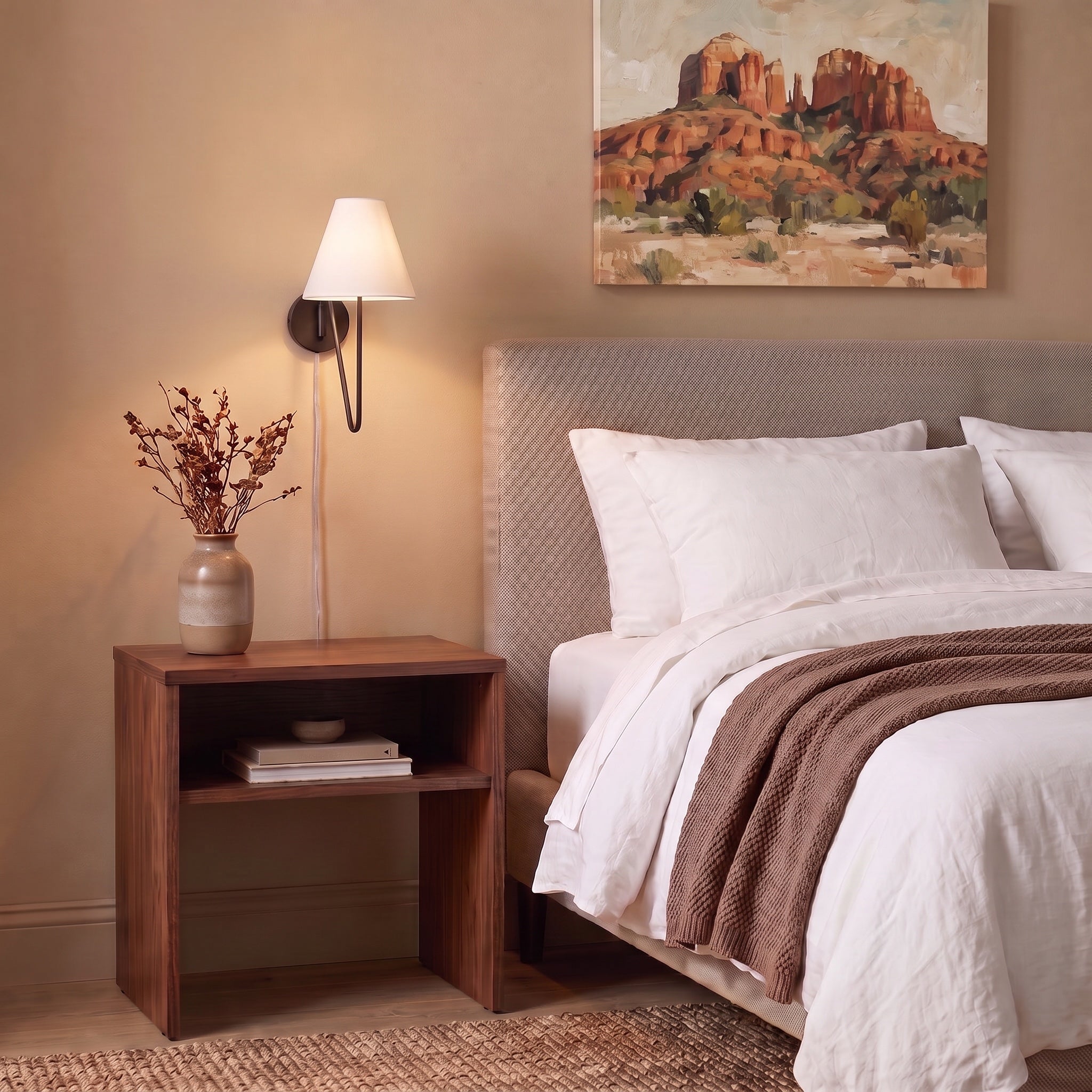 Kennedy 1-light Swing Arm Wall Lamp in Natural Black, AI-visualized bedroom scene - Golden Lighting