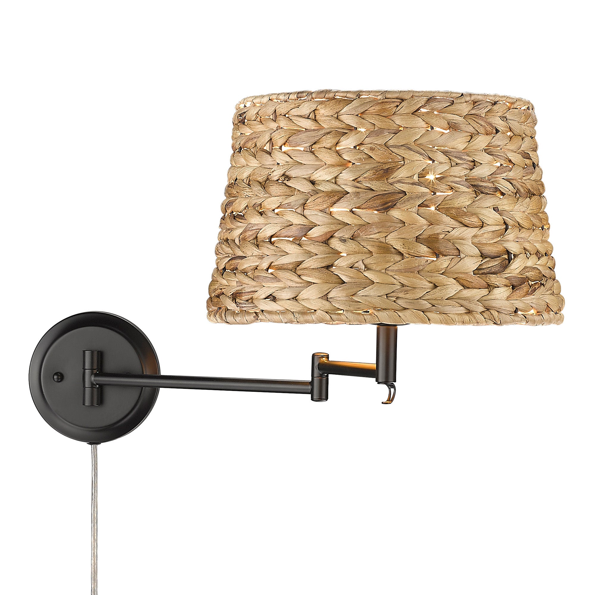 Eleanor 1-light Swing Arm Wall Lamp in Matte Black and Woven Sweet Grass shade