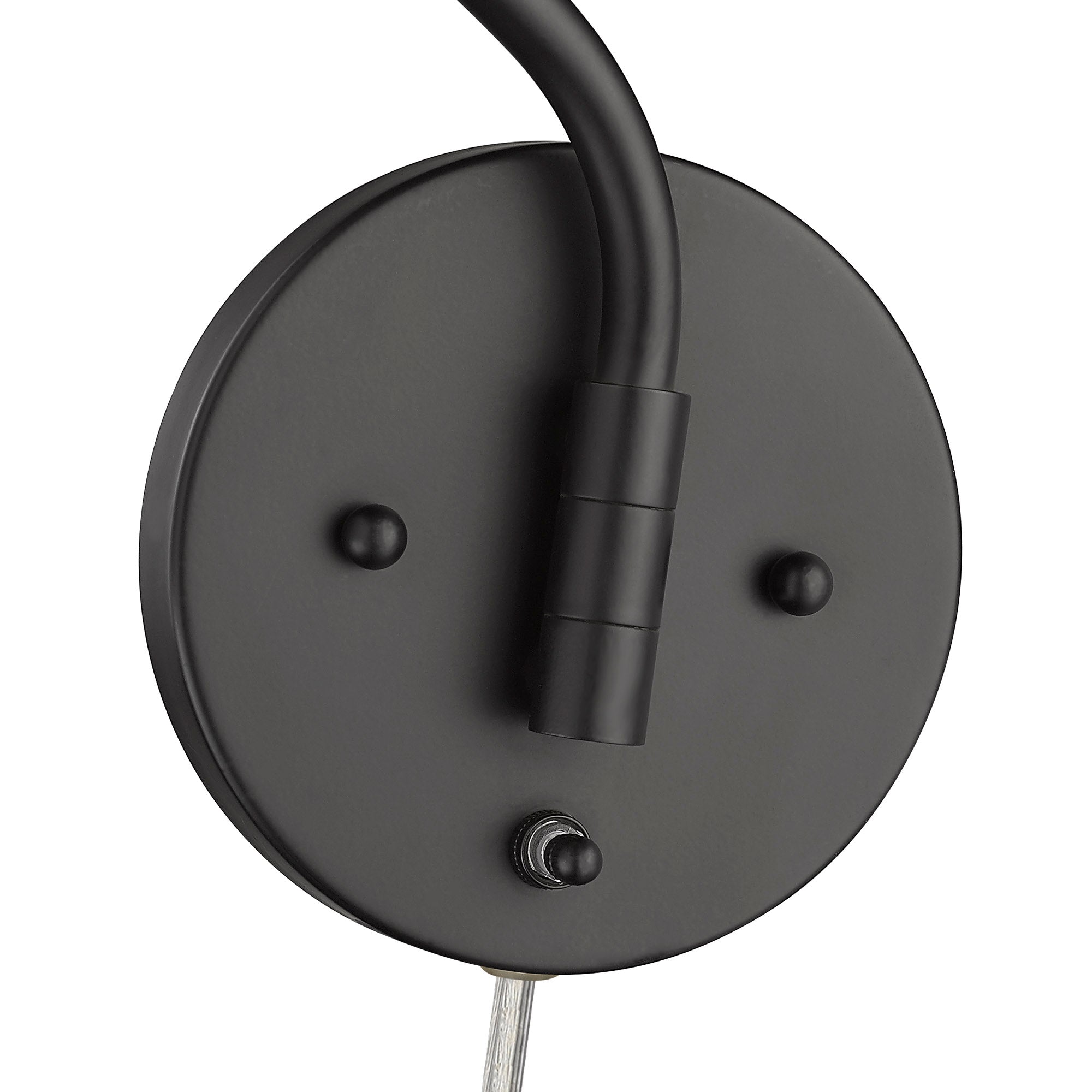 Ryleigh 1-light Swing Arm Wall Lamp in Matte Black and Modern White shade, canopy and backplate view - Golden Lighting