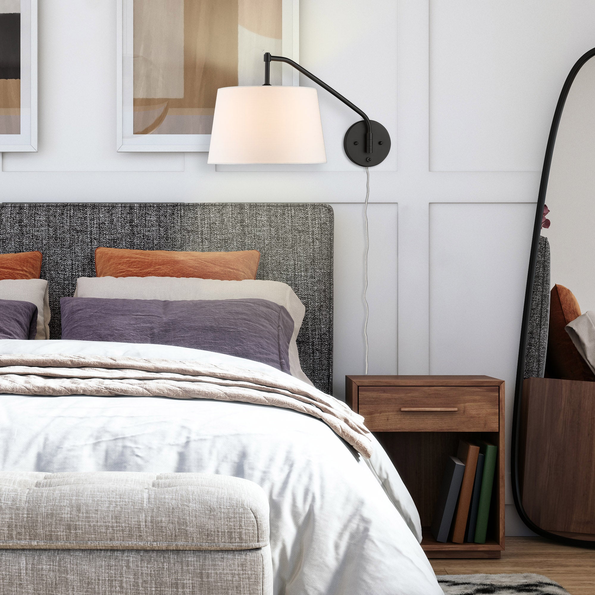 Ryleigh 1-light Swing Arm Wall Lamp in Matte Black and Modern White shade, shown in a room setting - Golden Lighting
