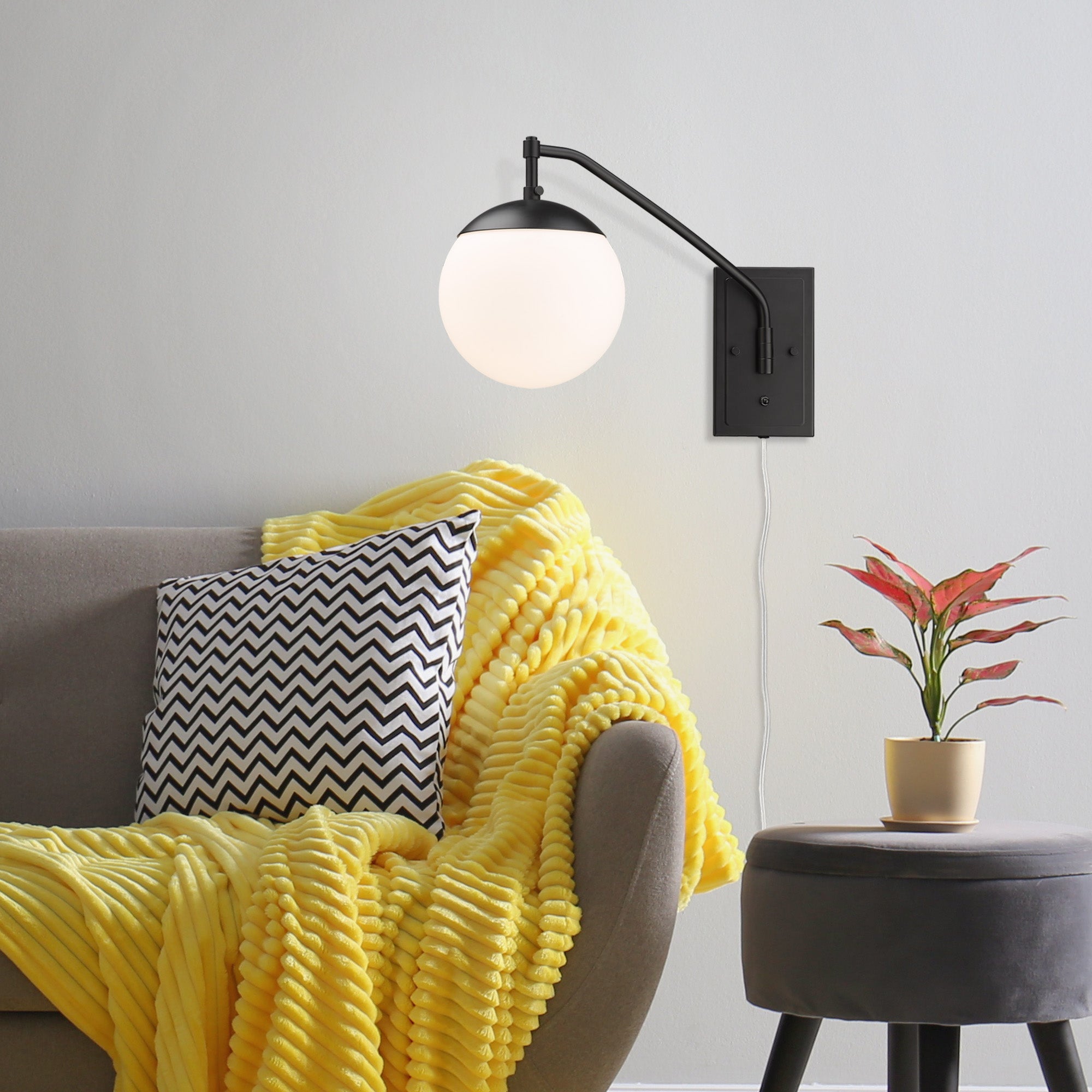 Glenn BLK 1 Light Articulating Wall Sconce in Matte Black with Opal Glass Shade - Default Title - Golden Lighting