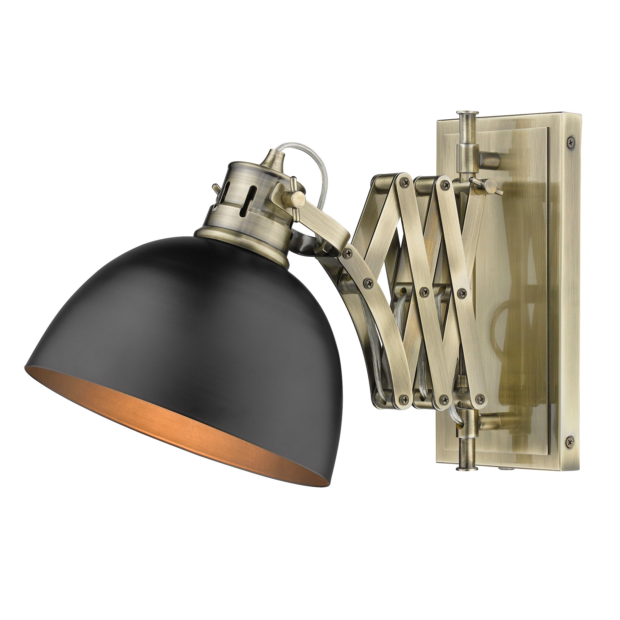 Hawthorn 1-light Swing Arm Wall Lamp in Aged Brass and Matte Black shade, alternate view - Golden Lighting