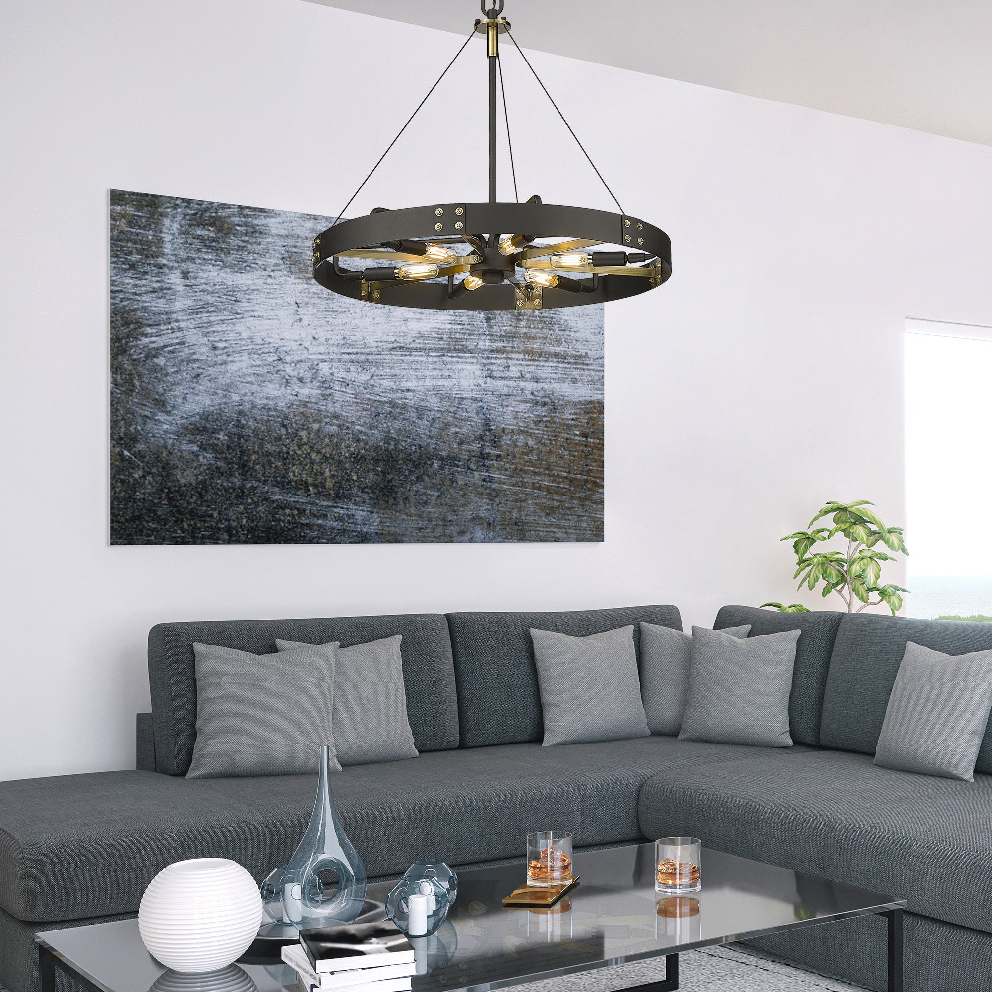 Golden Lighting Vaughn 6-light Pendant in Natural Black and Aged Brass Accents - - Golden Lighting