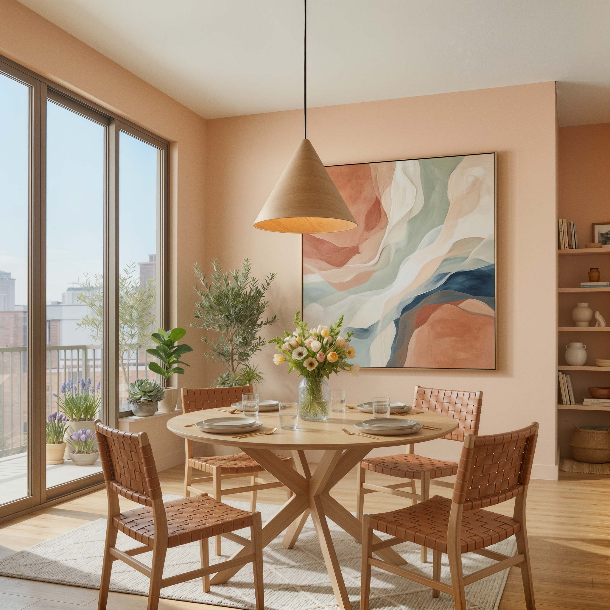 Dining room with a round table and chairs, large window, and abstract painting on the wall featuring Conique 24" Pendant in Light Walnut.