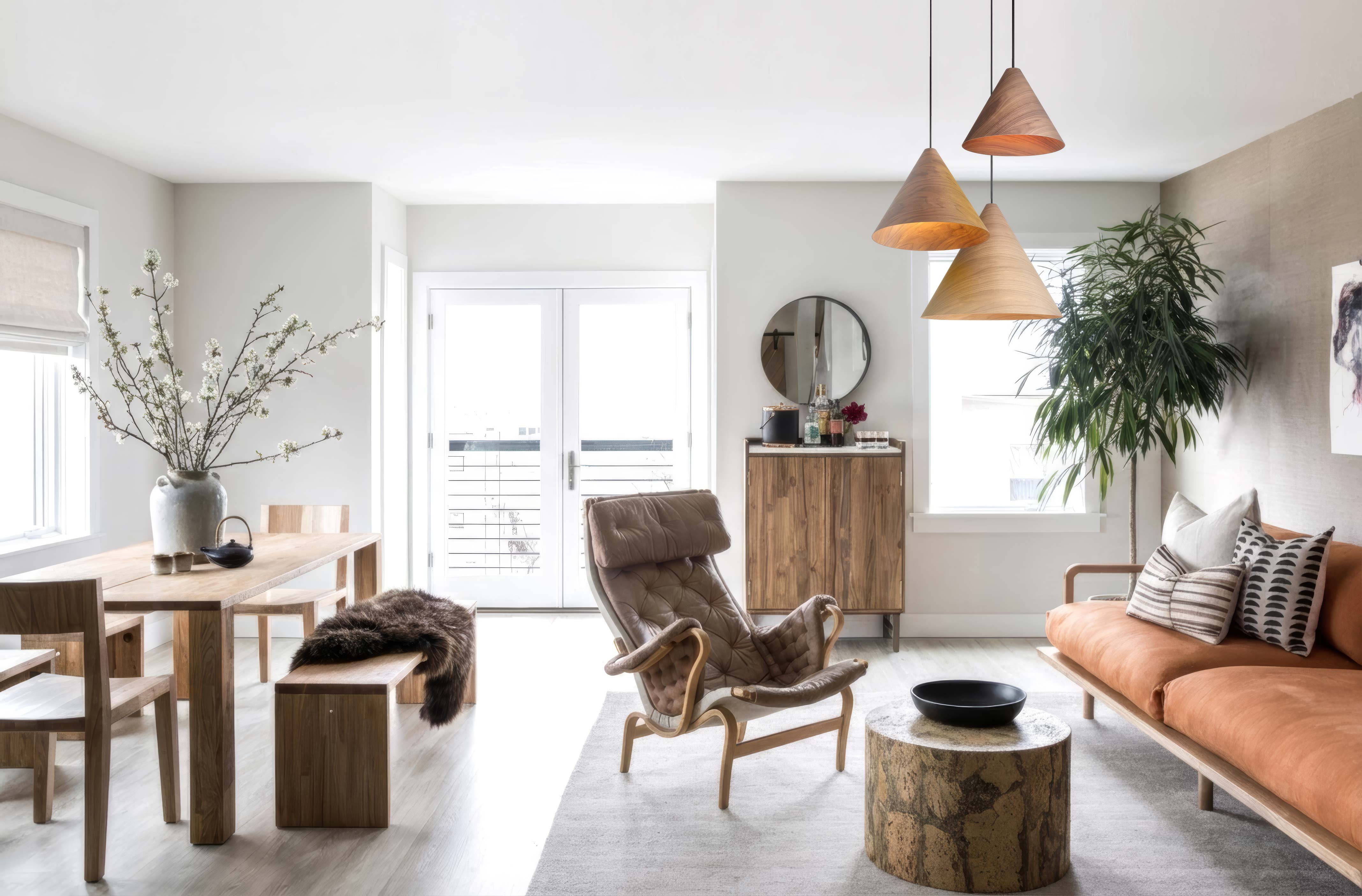 Modern living room with brown armchair, orange sofa, and wooden furniture featuring Conique by Golden Lighting in Walnut and Light Walnut finishes.