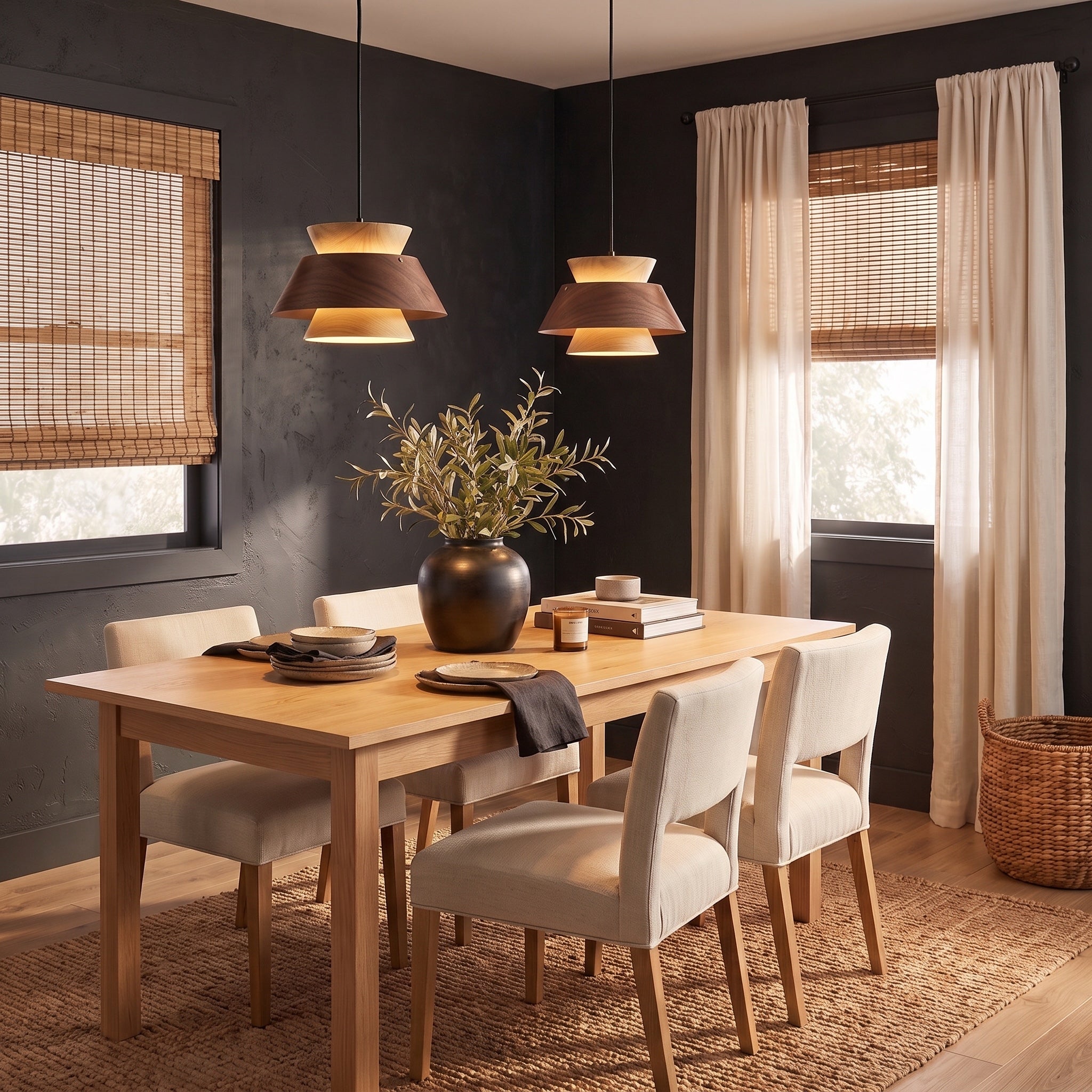Aalto 1-light Pendant in Dark Walnut-Light Walnut, AI-visualized kitchen scene - Golden Lighting