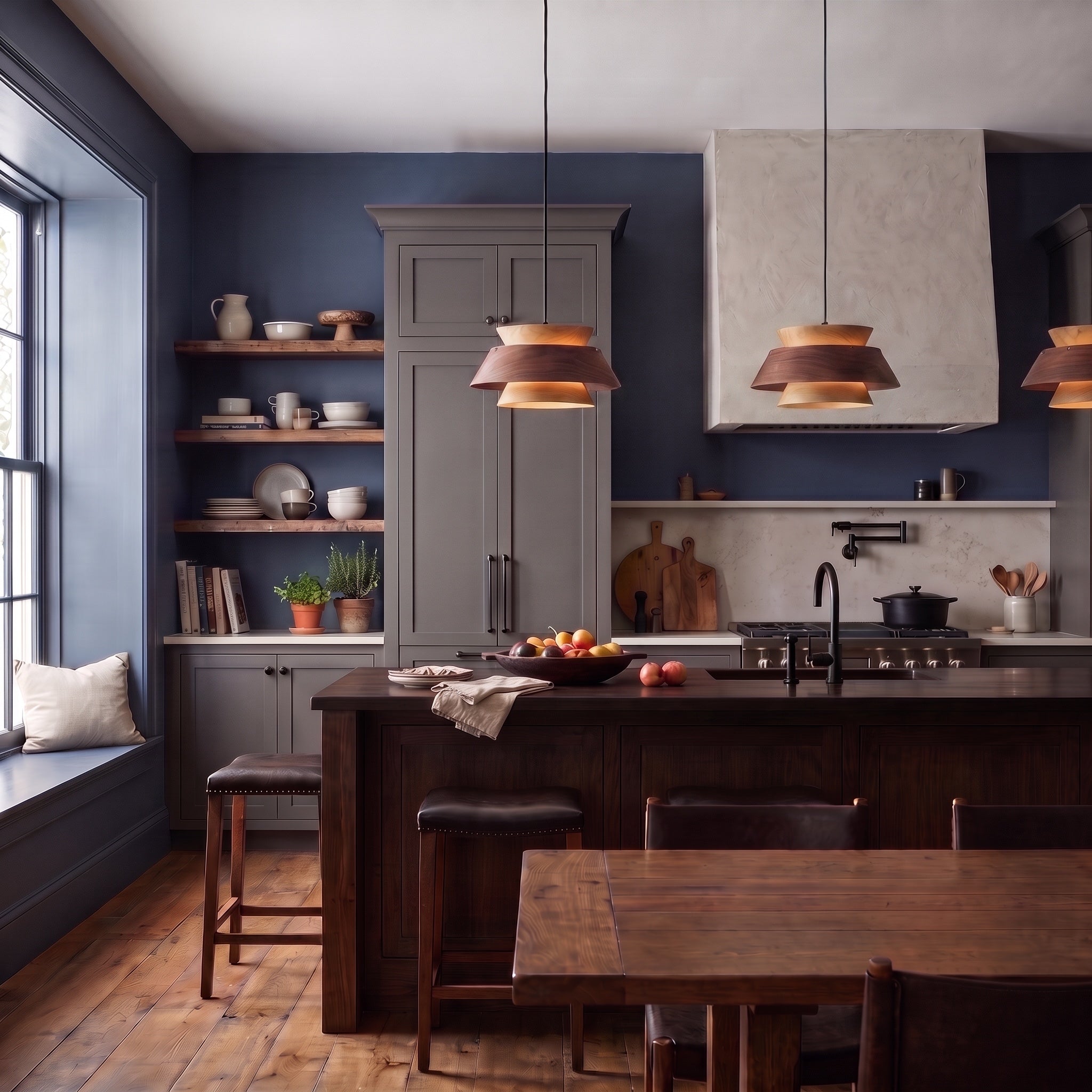 Aalto 1-light Pendant in Dark Walnut-Light Walnut, AI-visualized kitchen scene - Golden Lighting
