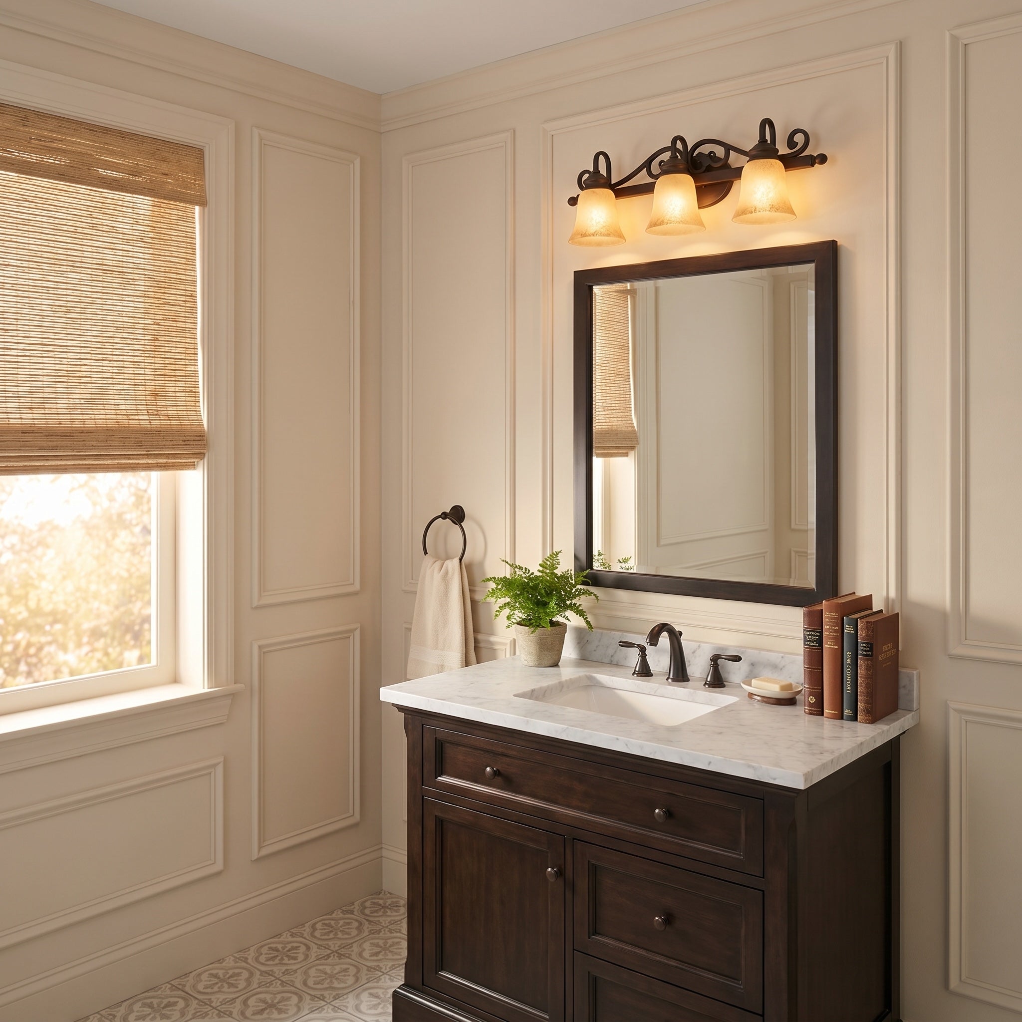 Belle Meade 3-light Vanity in Rubbed Bronze, AI-visualized powder room scene - Golden Lighting