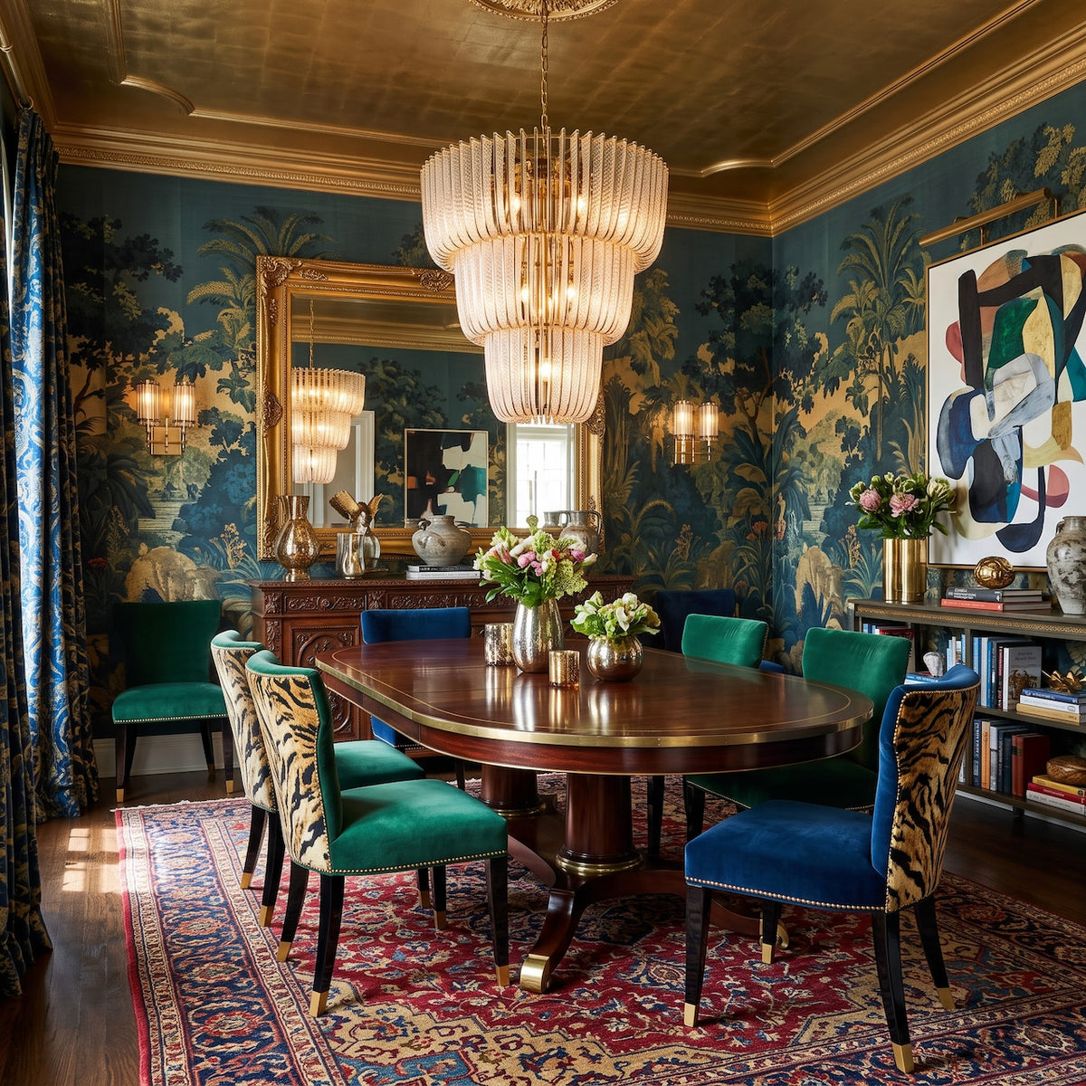 Shahi 17-light Chandelier in Titanium Gold, shown in an AI visualized maximalist dining room setting - Golden Lighting