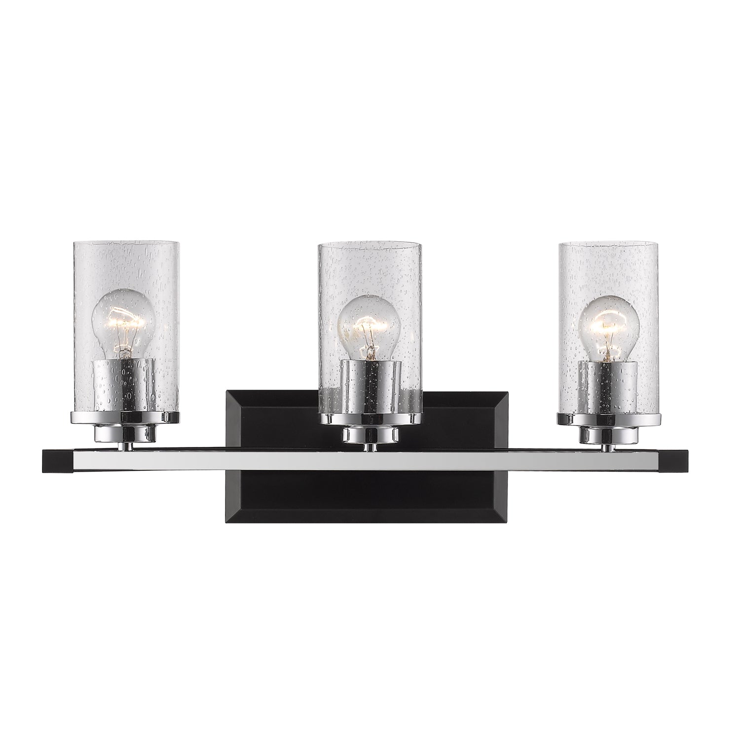 Mercer 3 Light Bath Vanity in Matte Black with Chrome accents and Seeded Glass - - Golden Lighting