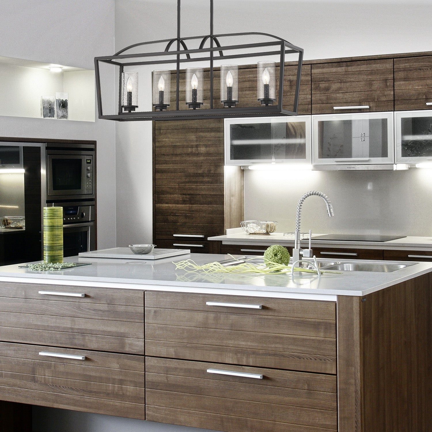 Golden Lighting Mercer 5-light Island Light in Matte Black and Seeded Glass