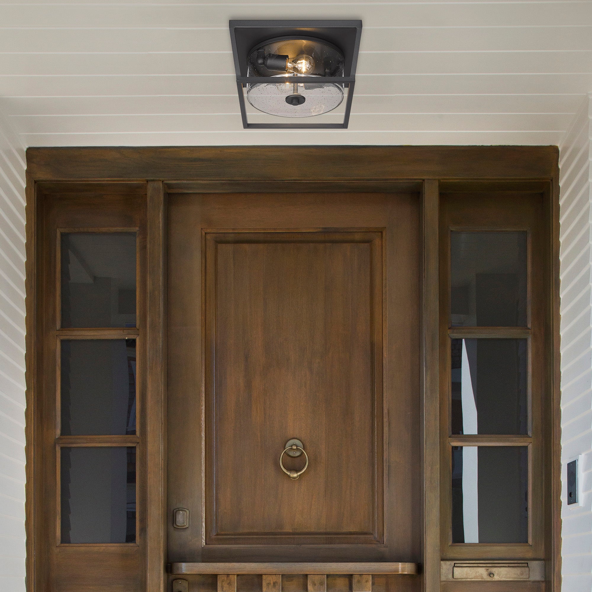 Mercer NB Flush Mount - Outdoor in Natural Black with Seeded Glass Shade - Default Title - Golden Lighting