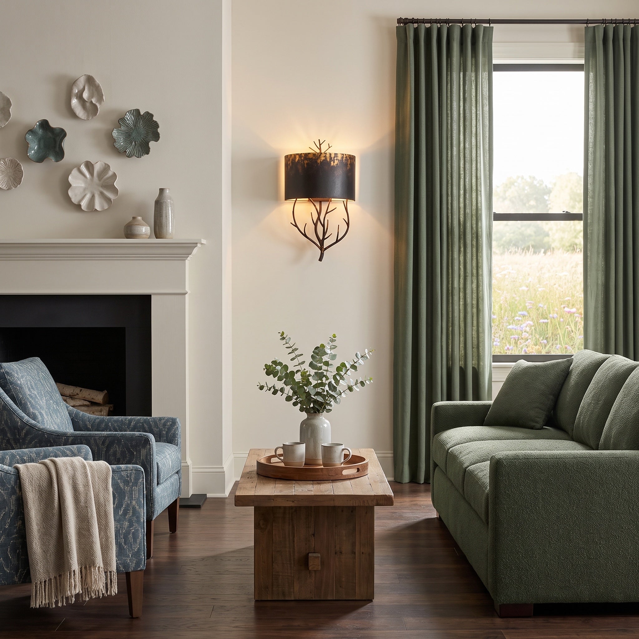 Arboreal 2-light Wall Sconce in Antique Black Iron, AI-visualized room scene - Golden Lighting