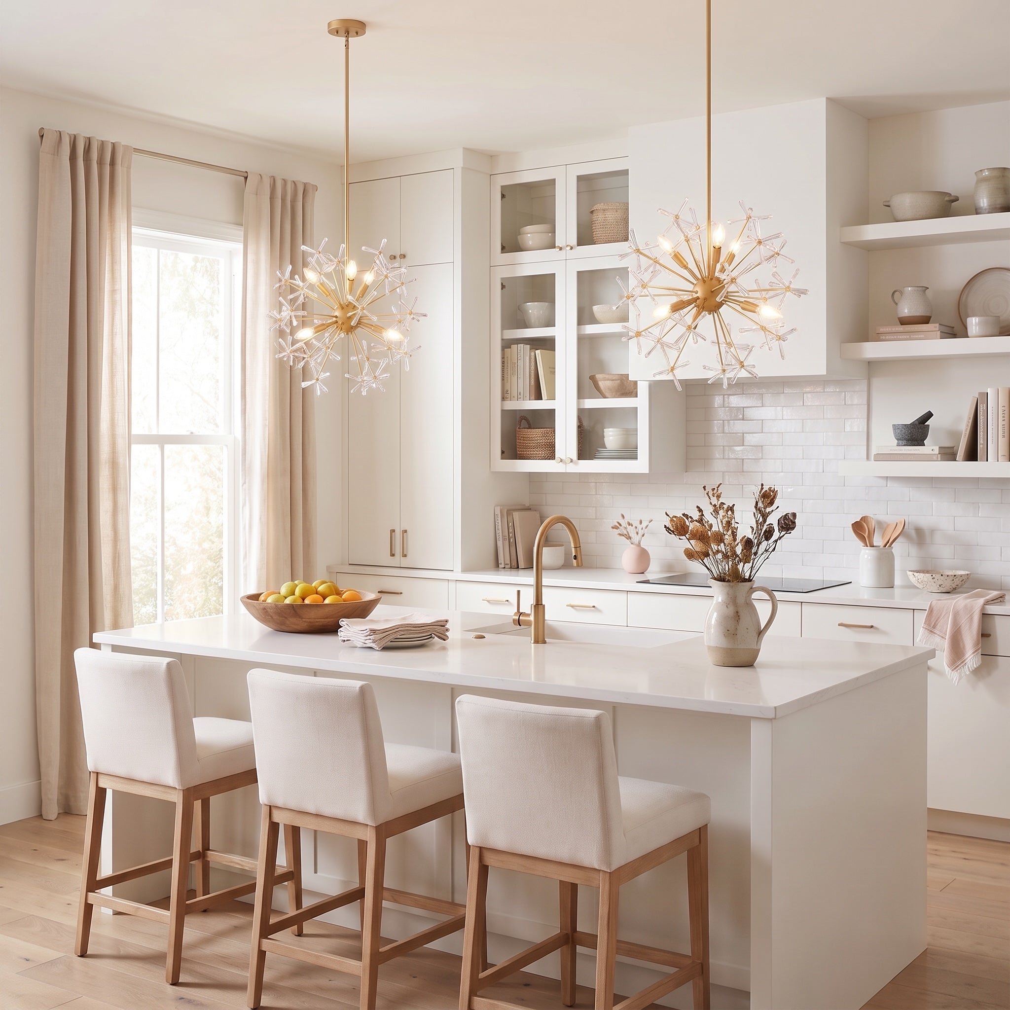 Dandelion 6-light Pendant in Matte Gold, AI-visualized kitchen scene - Golden Lighting