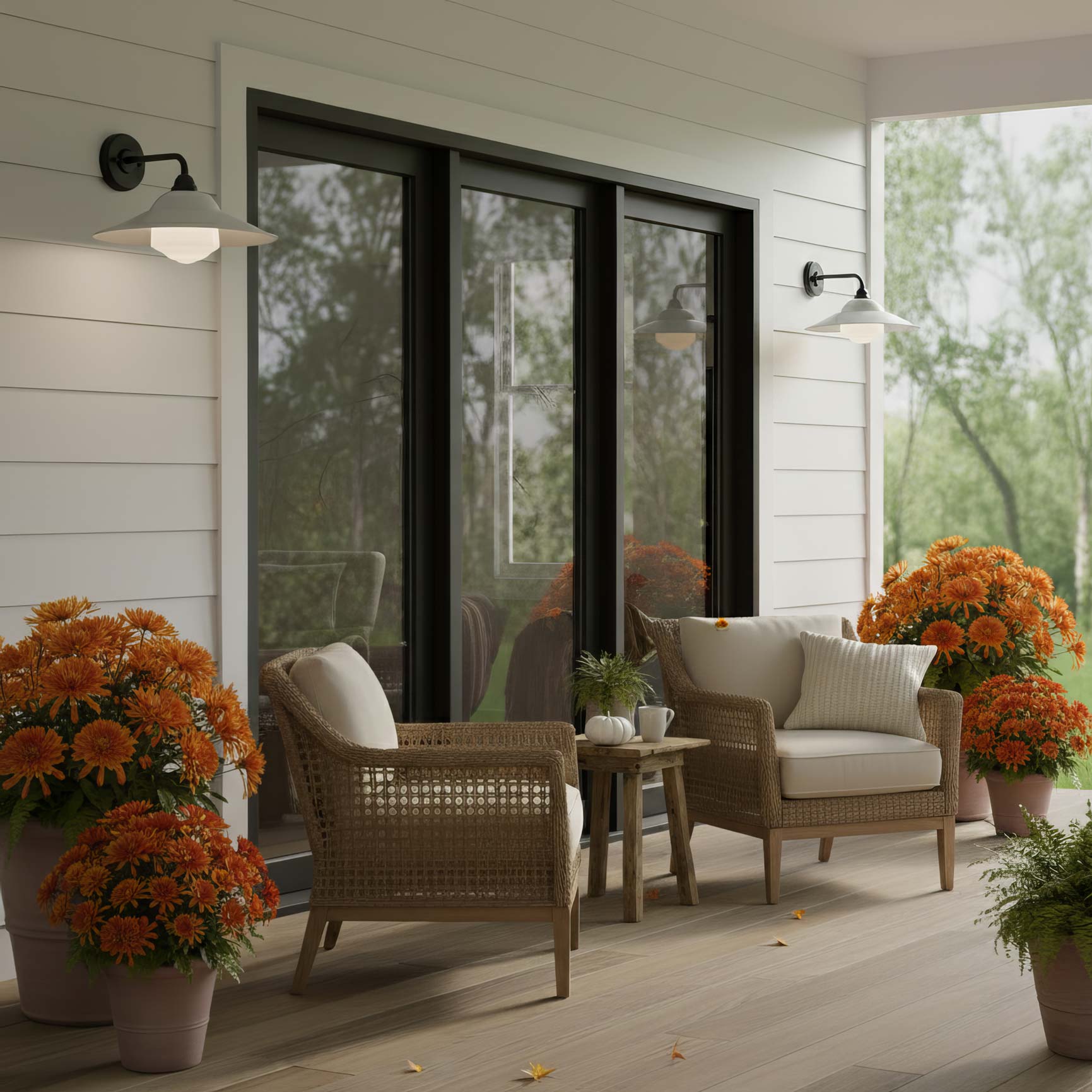 Outdoor patio with wicker chairs, table, and orange flowers on a wooden deck featuring two Croma light fixtures in a modern white-gray with black finish.