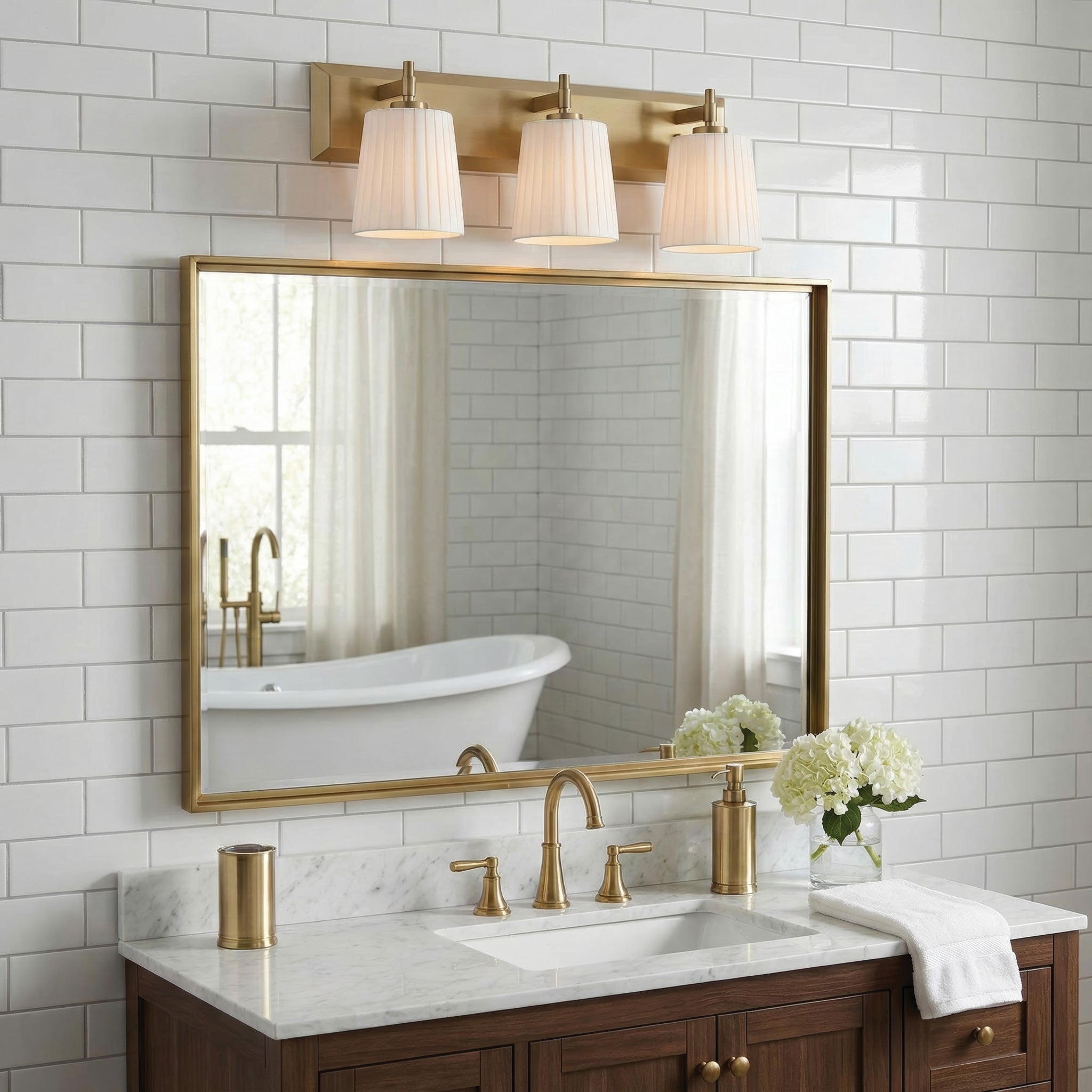 Brilia 3-light Vanity in Brushed Champagne Brass with Pleated Shade - - Golden Lighting