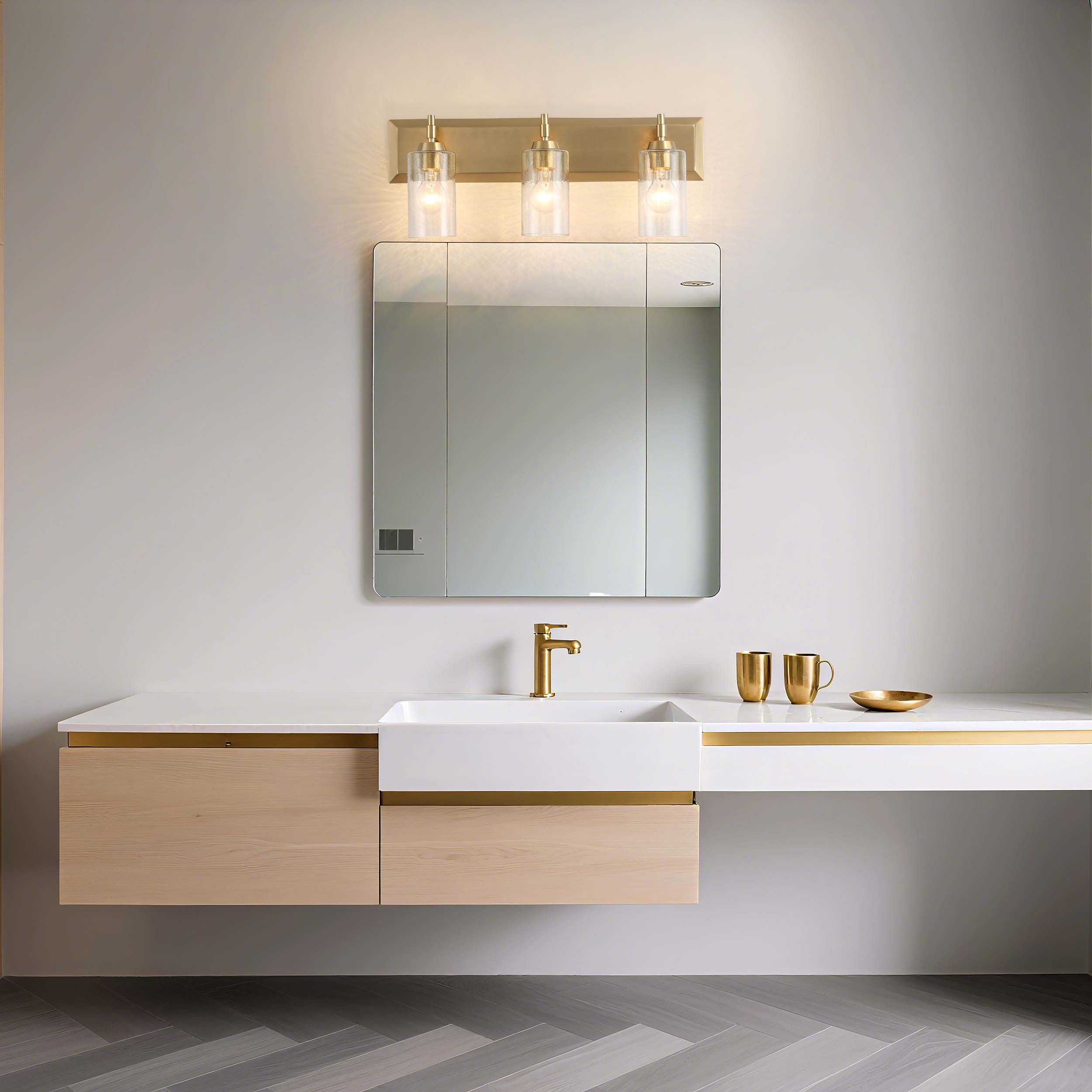 Yep by Golden Lighting Brilia 3-light Vanity in Brushed Champagne Brass with Hammered Water Glass