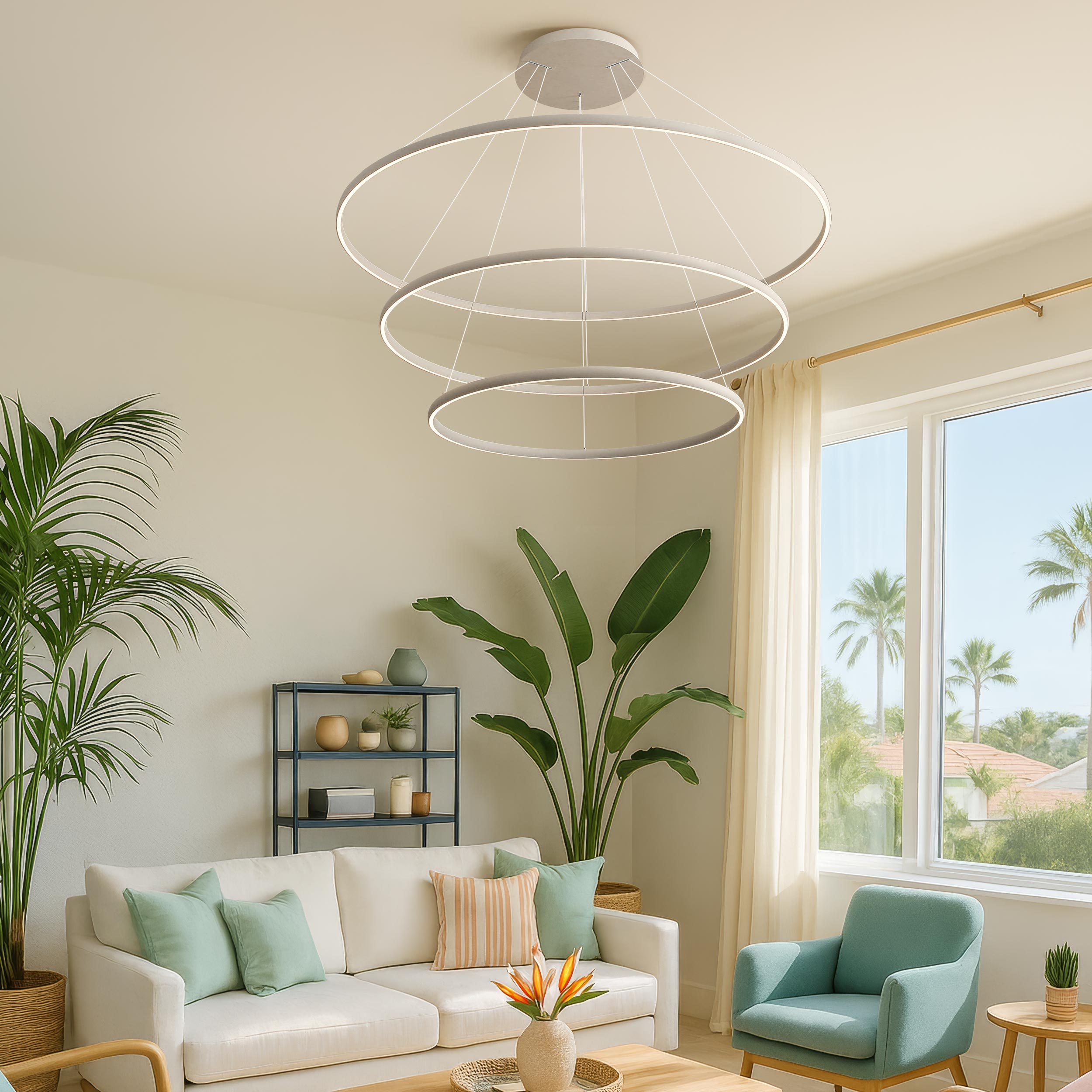 Veritas 59" 3-tier Bi-directional LED Chandelier in Sand White - - Golden Lighting