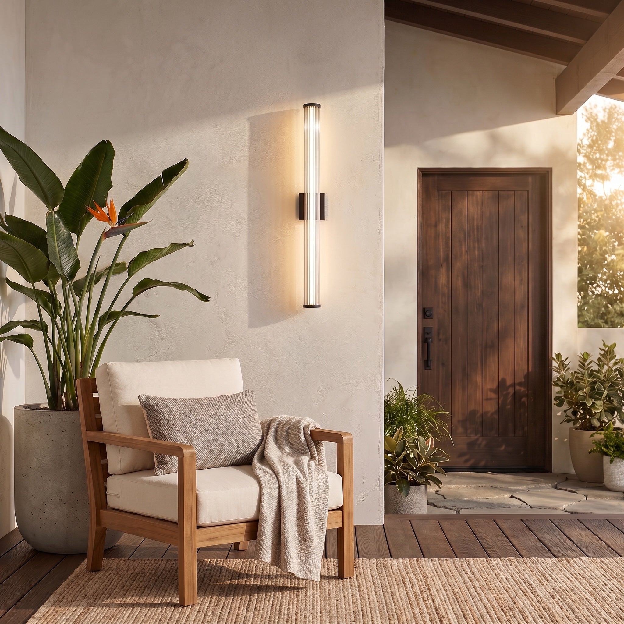 Rodara 1-light Outdoor Wall in Matte Black, AI-visualized entryway scene - Golden Lighting