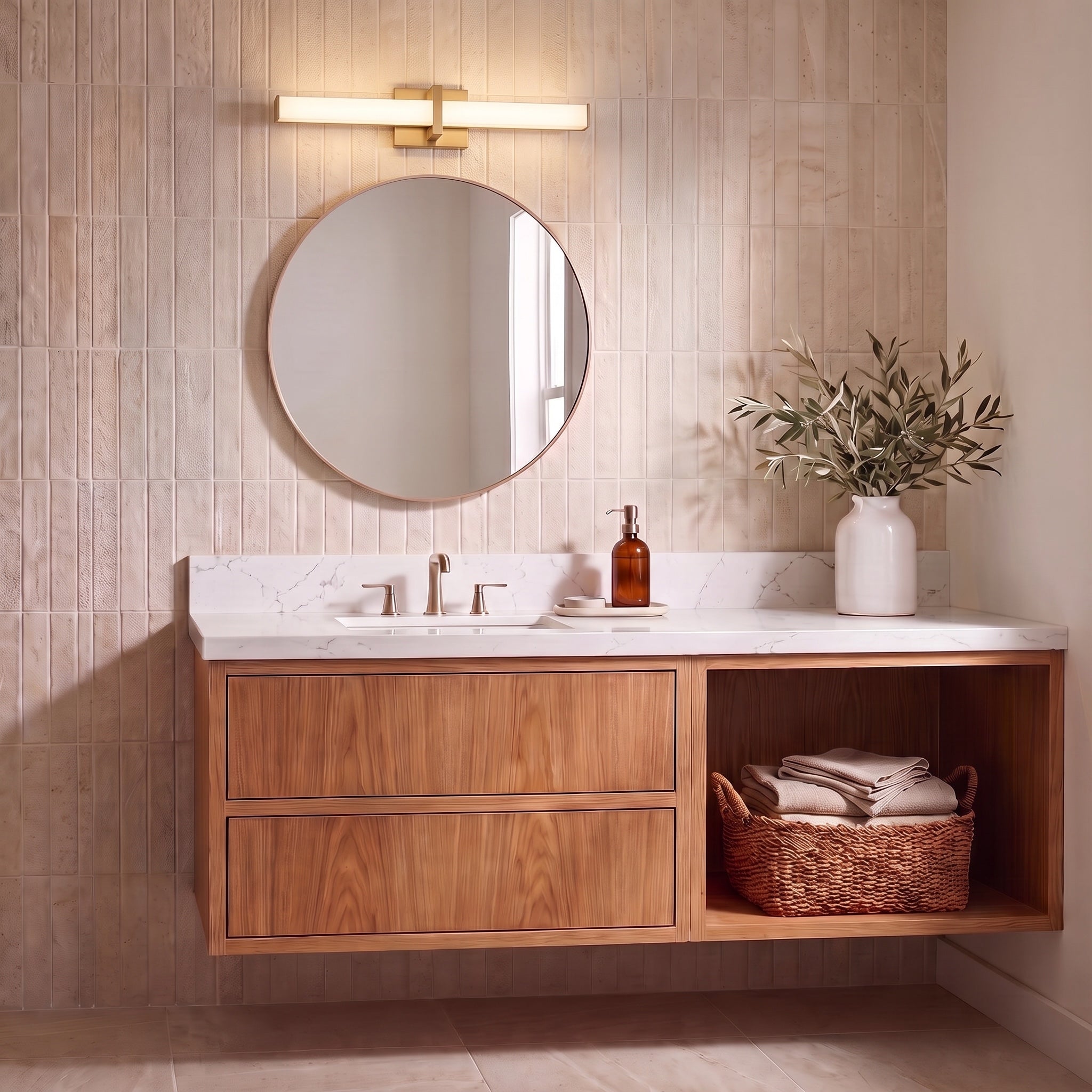 Elon 1-light Vanity in Brushed Champagne Brass, AI-visualized bathroom scene - Golden Lighting
