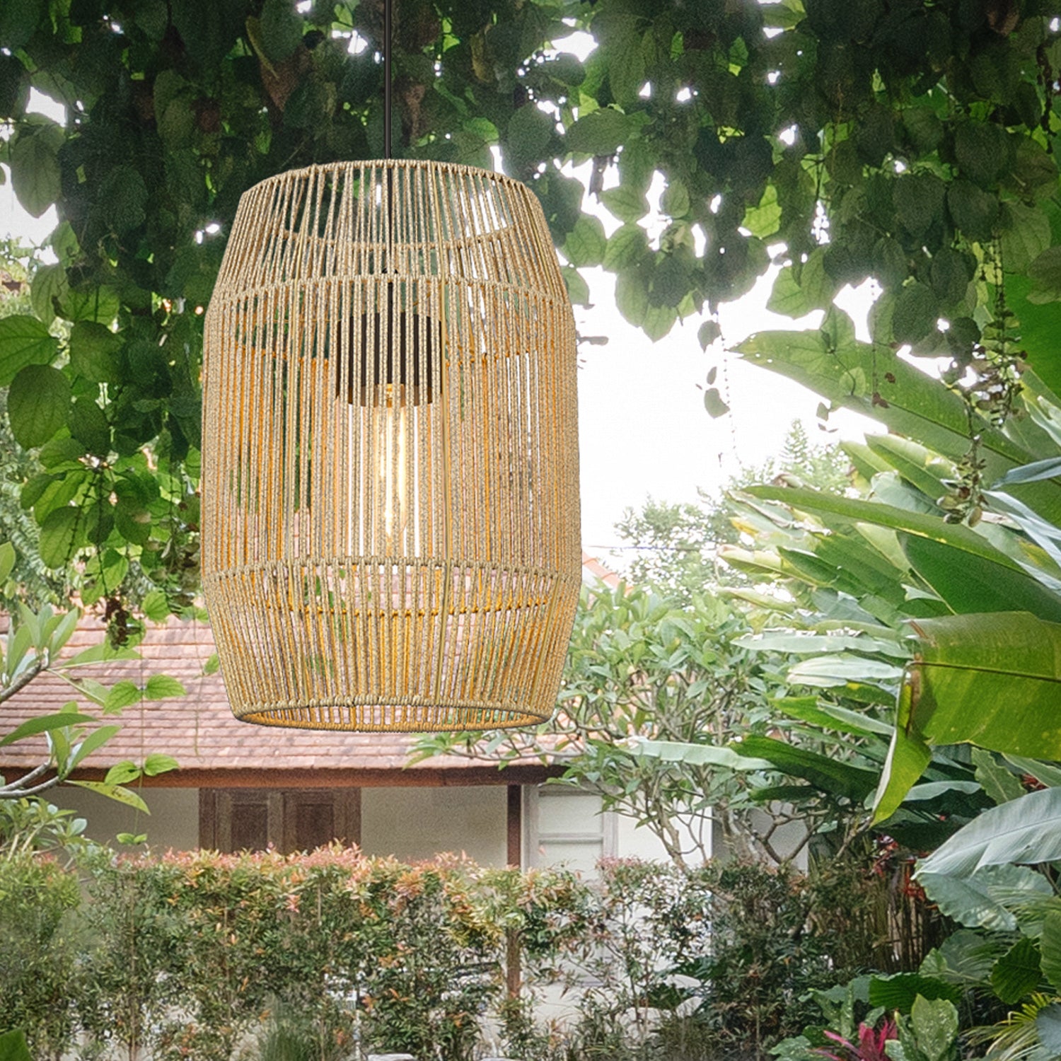 Golden Lighting Seabrooke 1-light Outdoor Pendant in Natural Black and Summer Sands shade - - Golden Lighting