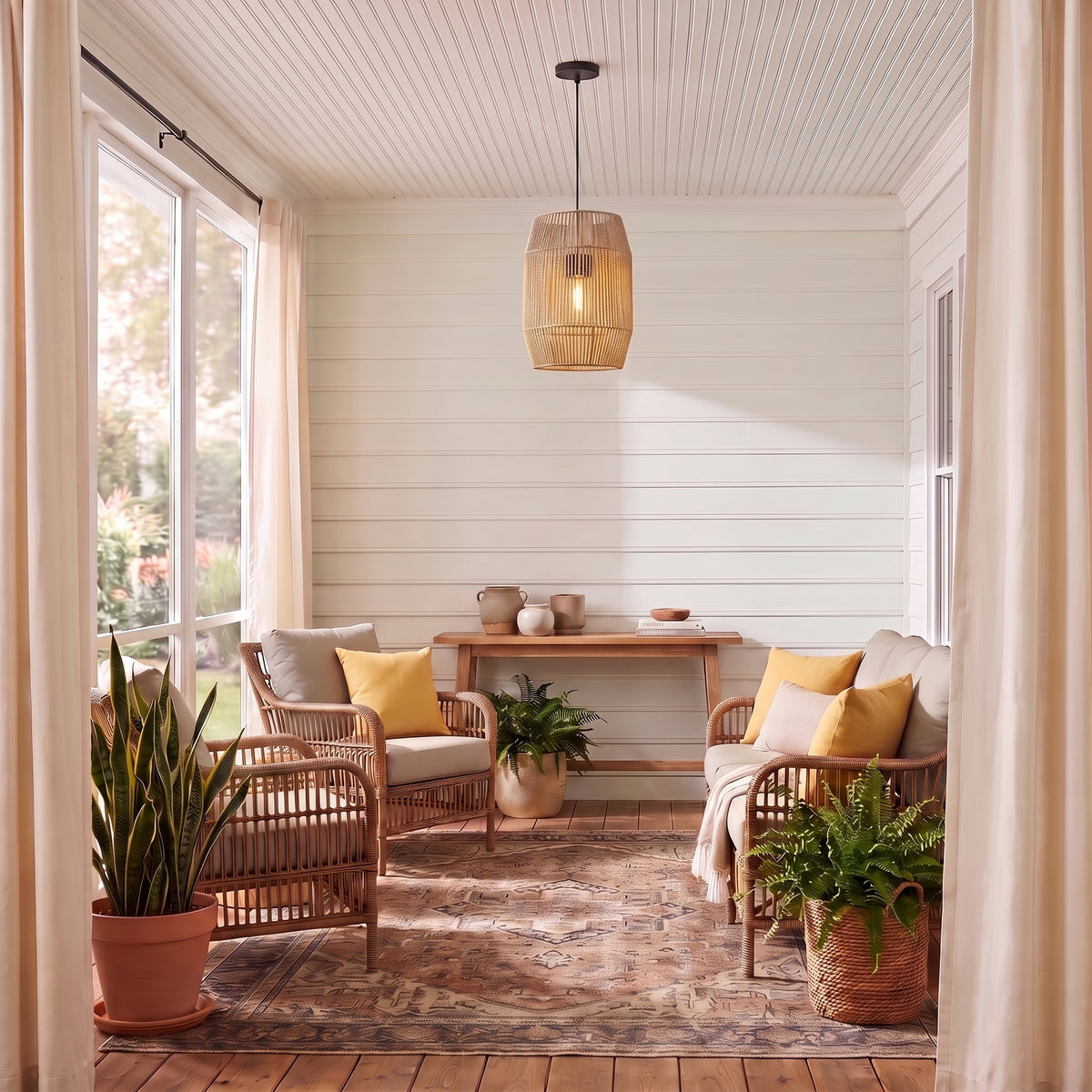 Seabrooke 1-light Outdoor Pendant in Natural Black, AI-visualized porch scene - Golden Lighting