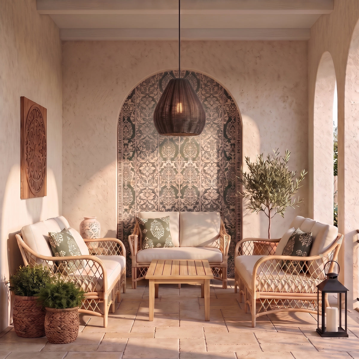 Melany 1-light Outdoor Pendant in Natural Black, AI-visualized porch scene - Golden Lighting