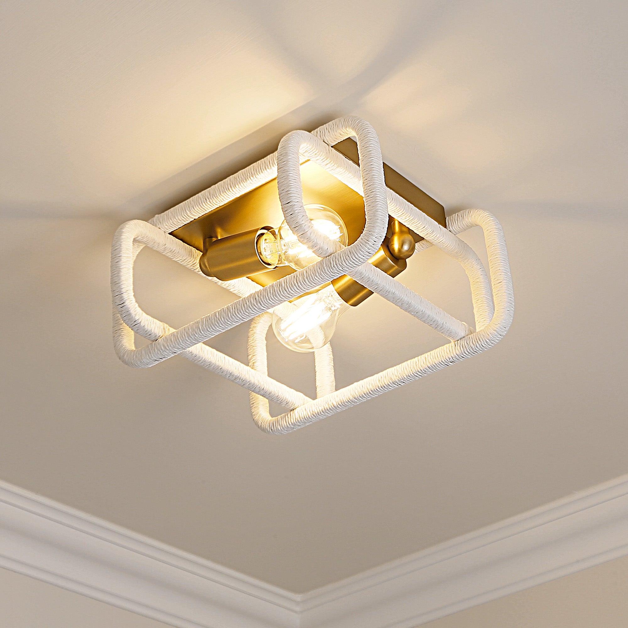 Camden 2-light Flush Mount in Brushed Champagne Brass, room scene detail - Golden Lighting