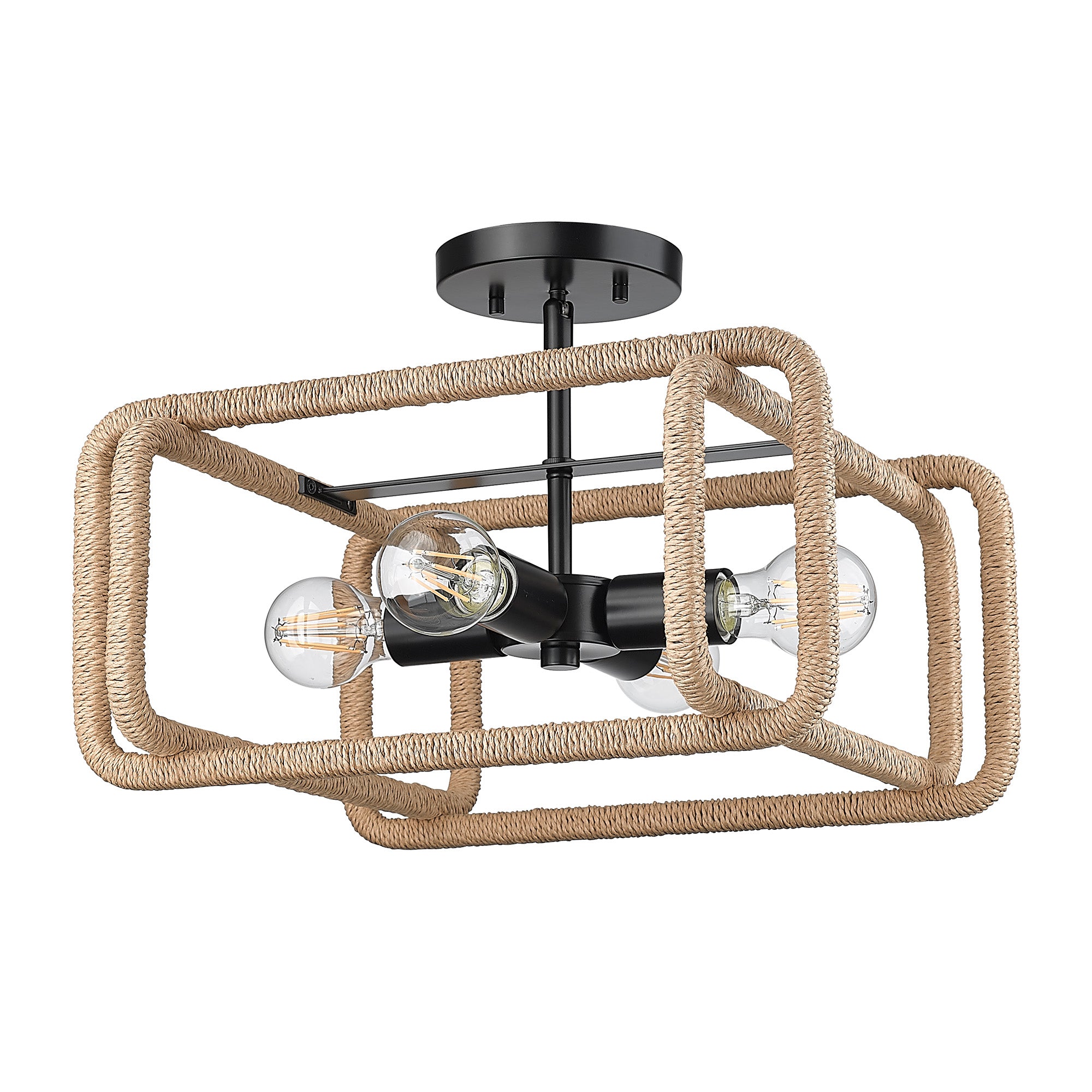 Camden 4 Light Semi-Flush in Matte Black with Natural Raphia Rope Shade - - Golden Lighting