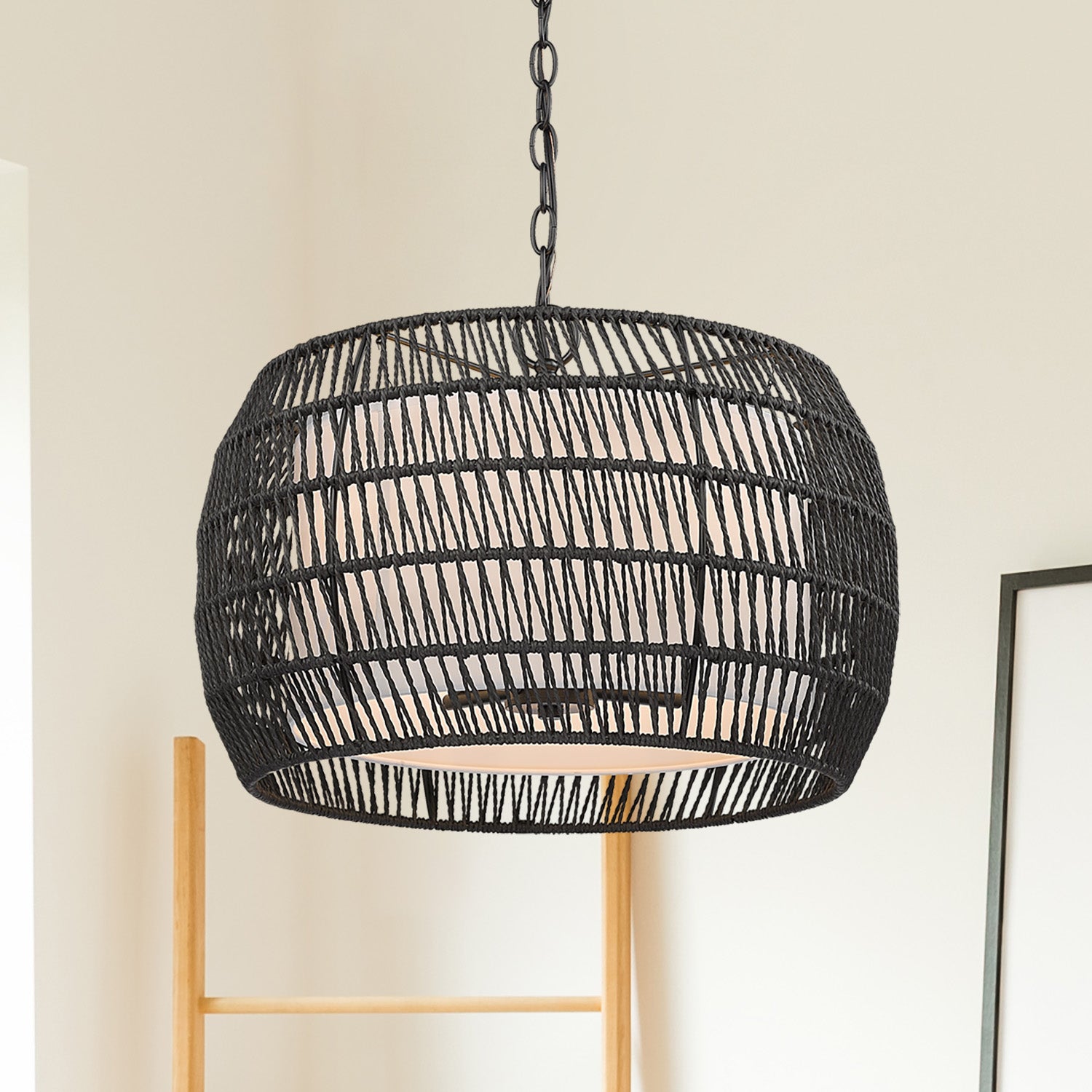 Golden Lighting Everly 4-light Pendant in Matte Black and Modern Black Rattan shade - - Golden Lighting