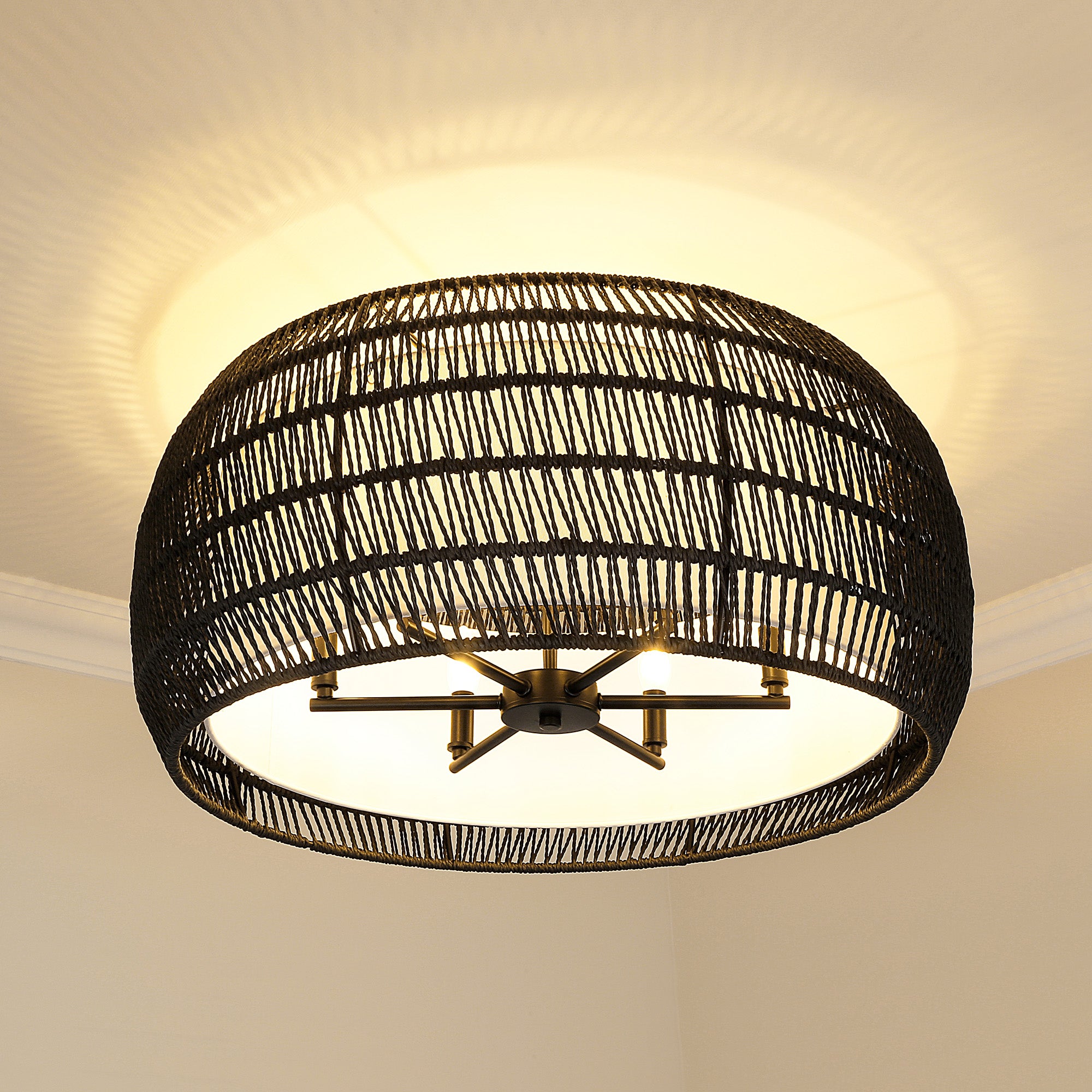 Golden Lighting Everly 6-light Semi-Flush Mount in Matte Black and Modern Black Rattan shade - - Golden Lighting