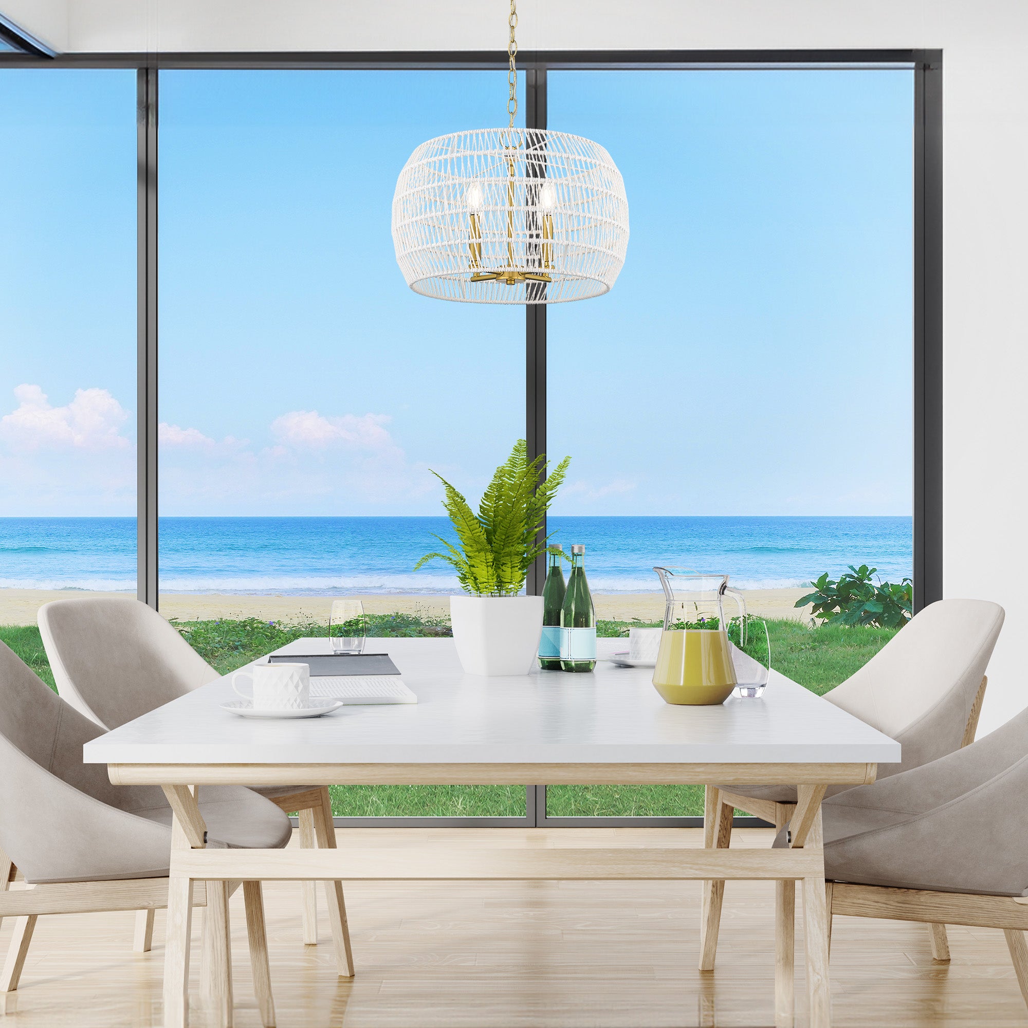 Ellie 4 Light Chandelier in Modern Brushed Gold with Bleached White Raphia Rope Shade - Default Title - Golden Lighting