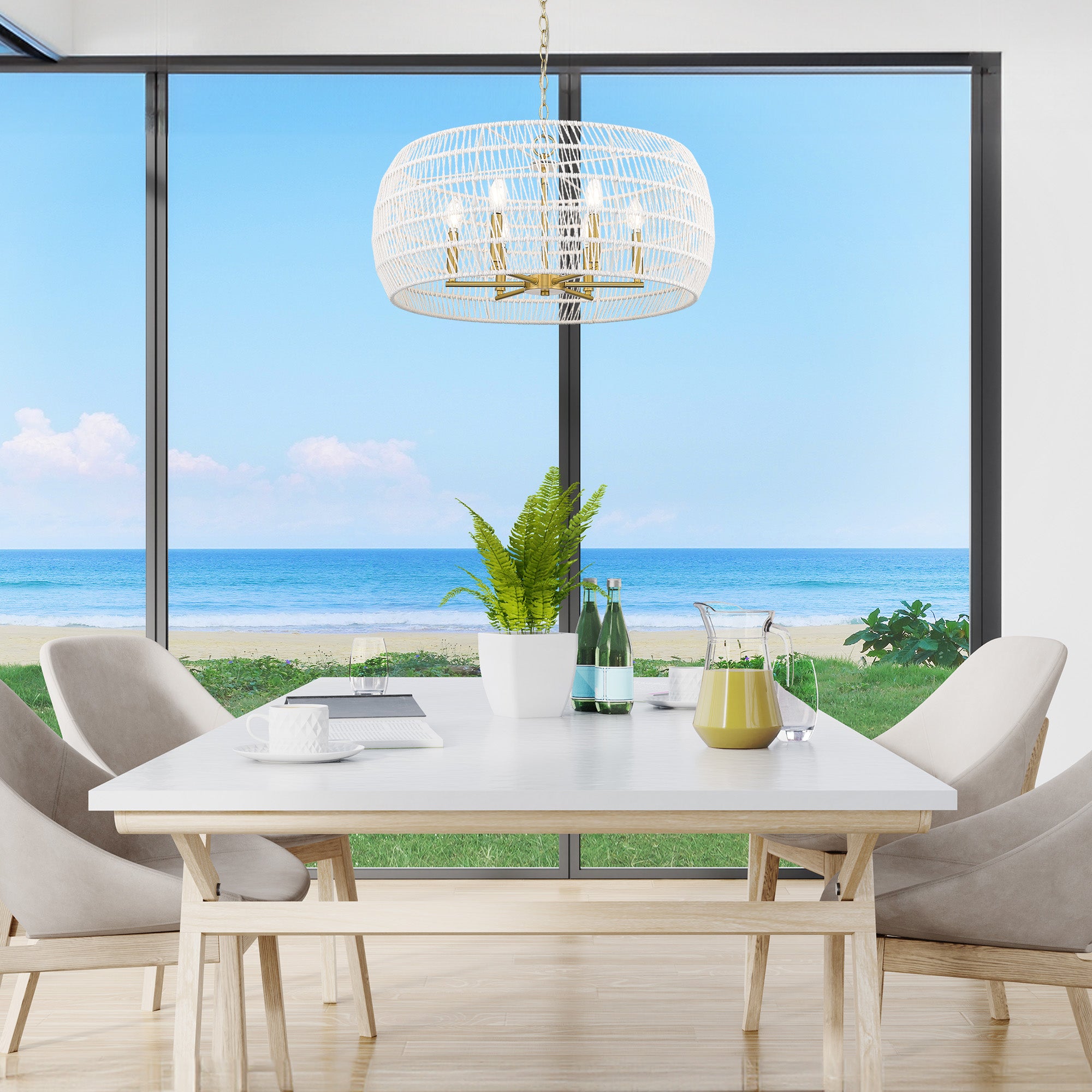 Ellie 6 Light Chandelier in Modern Brushed Gold with Bleached White Raphia Rope Shade - Default Title - Golden Lighting