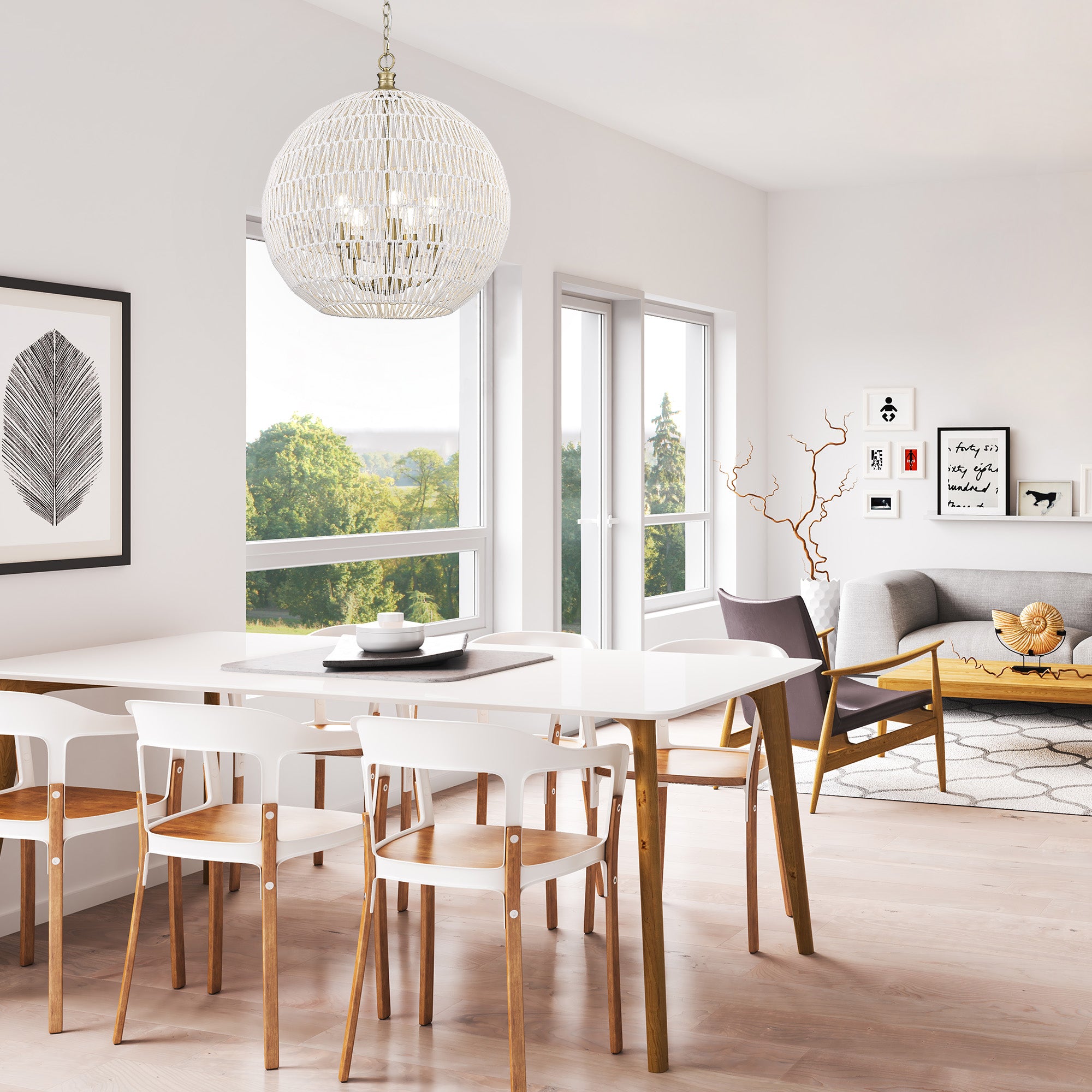 Florence BCB 5 Light Pendant in Brushed Champagne Bronze with Bleached White Raphia Rope Shade - Default Title - Golden Lighting