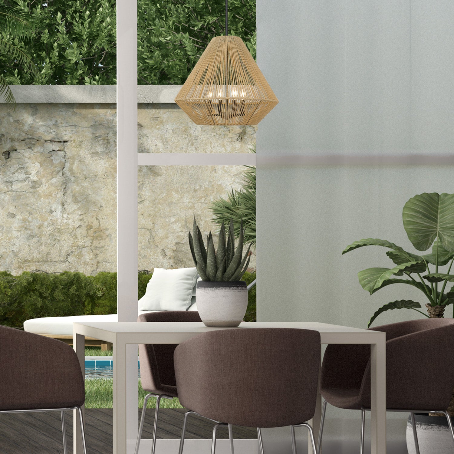 Golden Lighting Valentina 4-light Pendant in Matte Black and Natural Raphia Rope shade