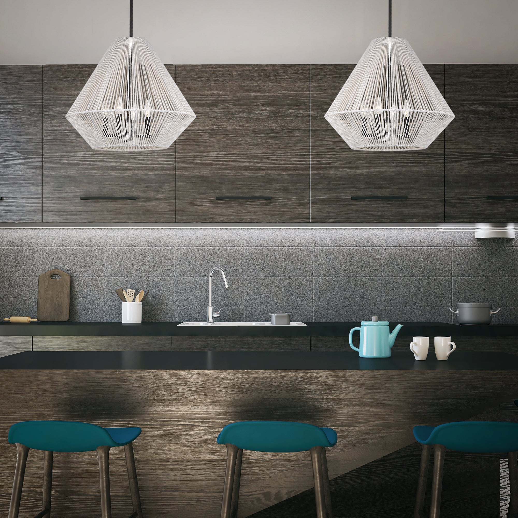 Golden Lighting Valentina 4-light Pendant in Matte Black and Bleached White Raphia Rope shade