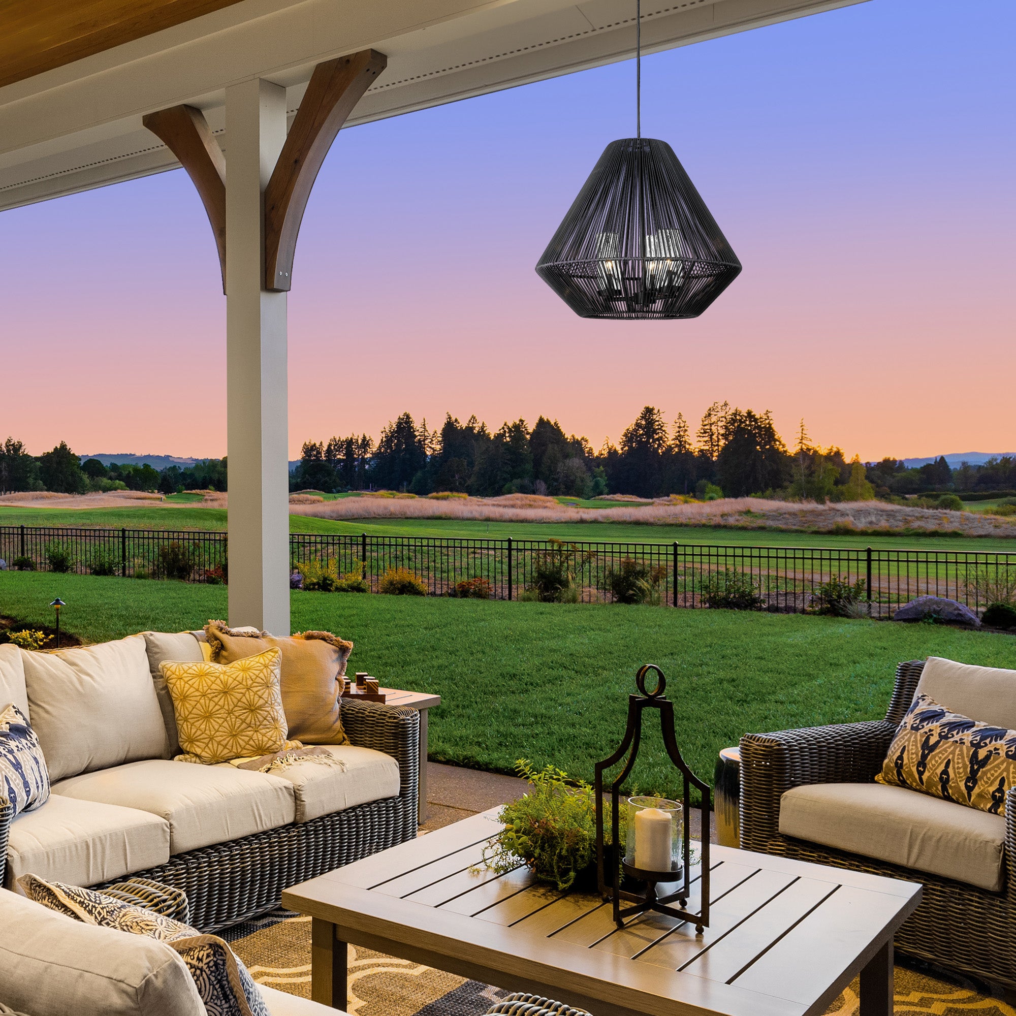 Valentina 3 Light Pendant - Outdoor in Natural Black with Matte Black Wicker Shade - Default Title - Golden Lighting