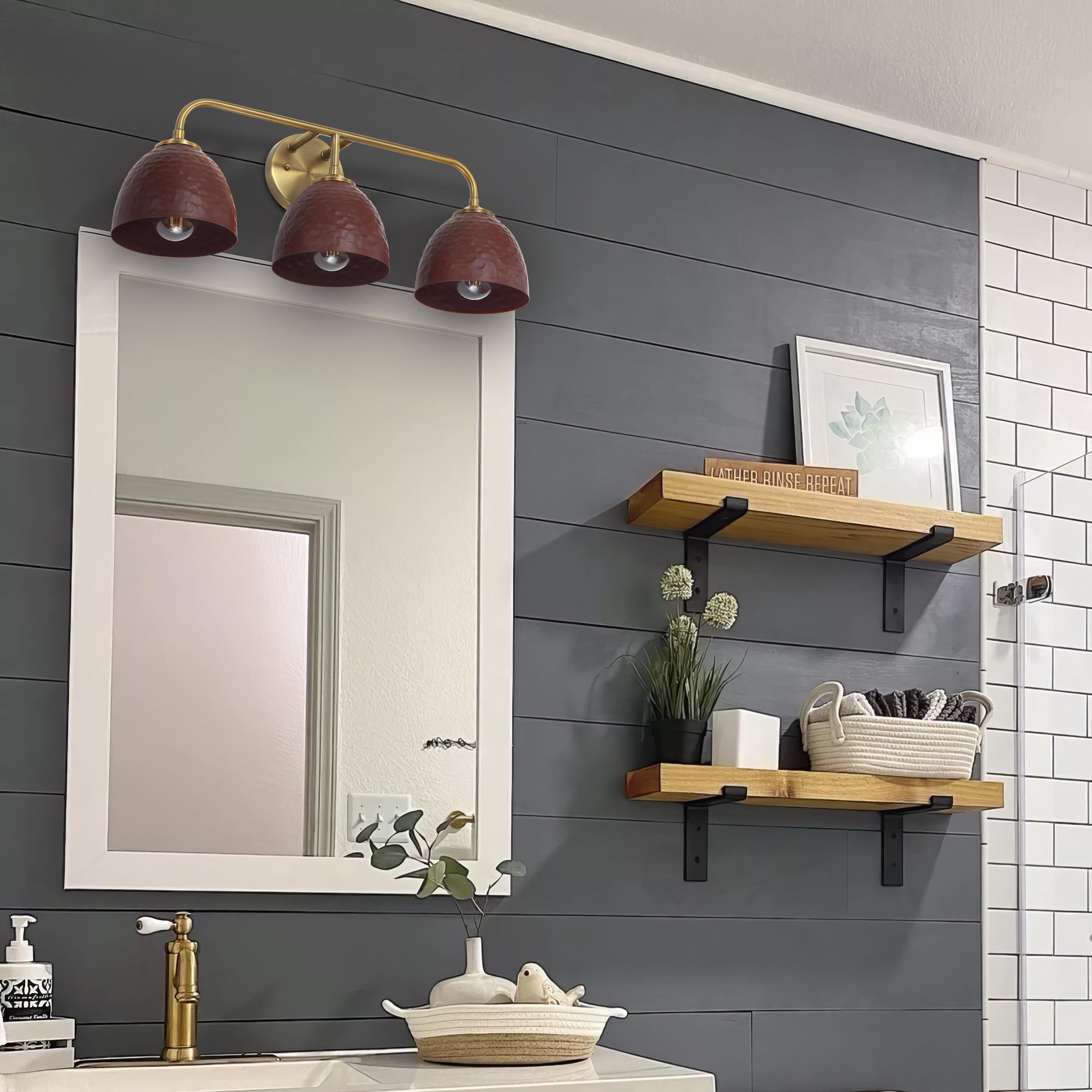 Golden Lighting Shepard 3-light Vanity in Modern Brass and Russet Clay shade