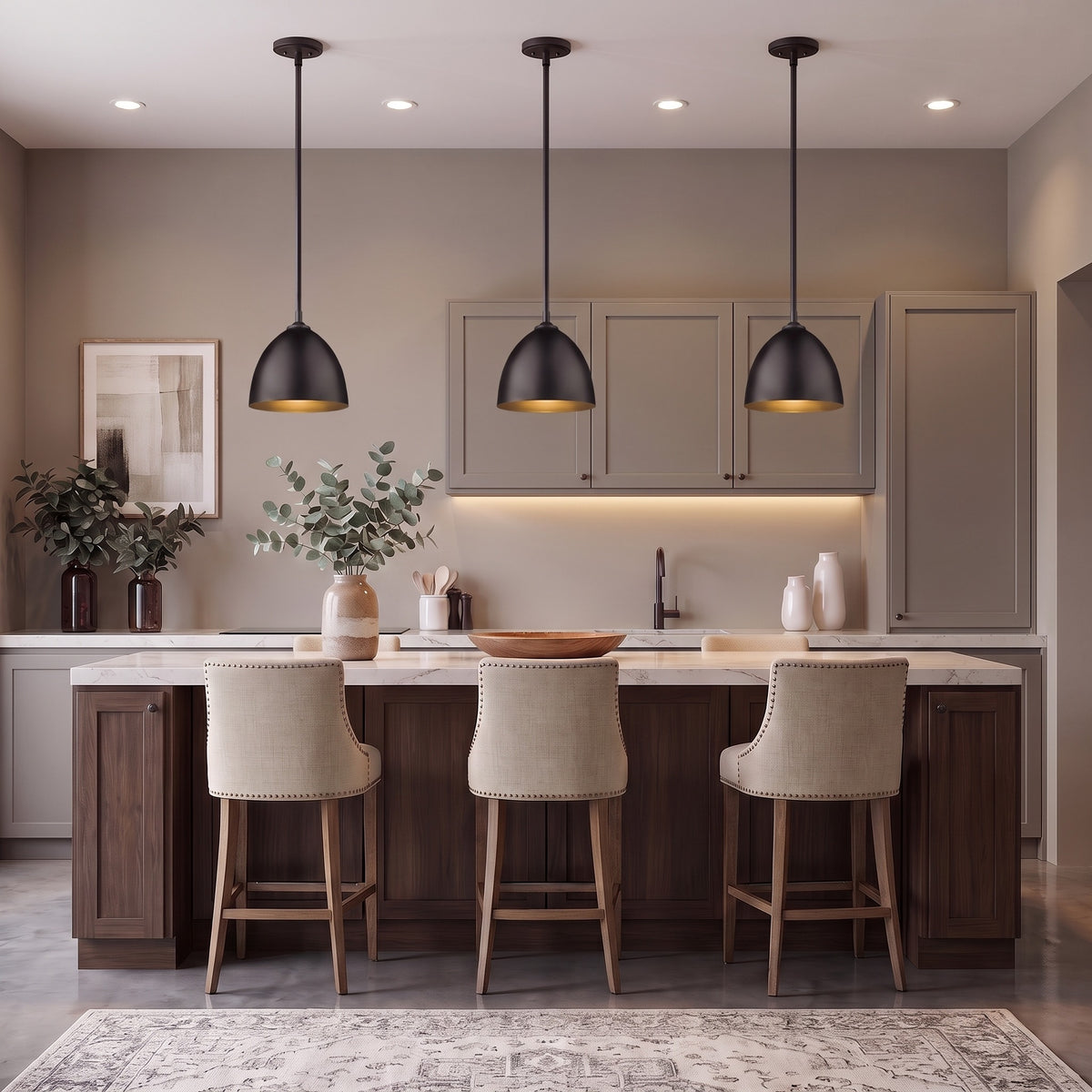 Zoey 1-light Pendant in Matte Black, AI-visualized kitchen scene - Golden Lighting