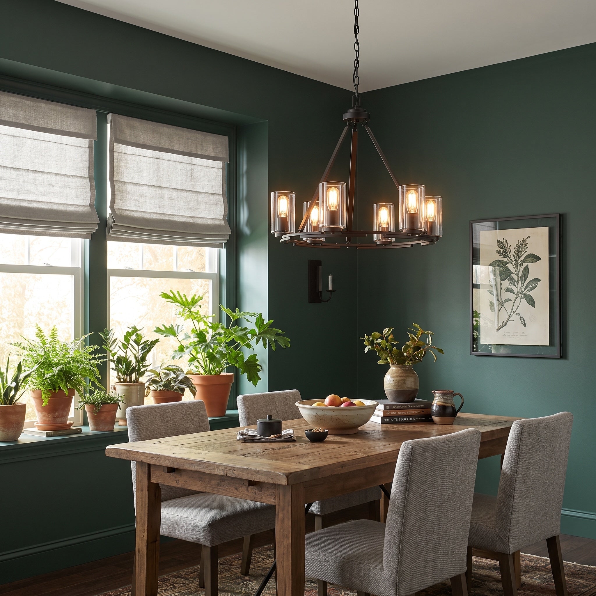 Monroe 6-light Chandelier in Matte Black, AI-visualized breakfast nook scene - Golden Lighting
