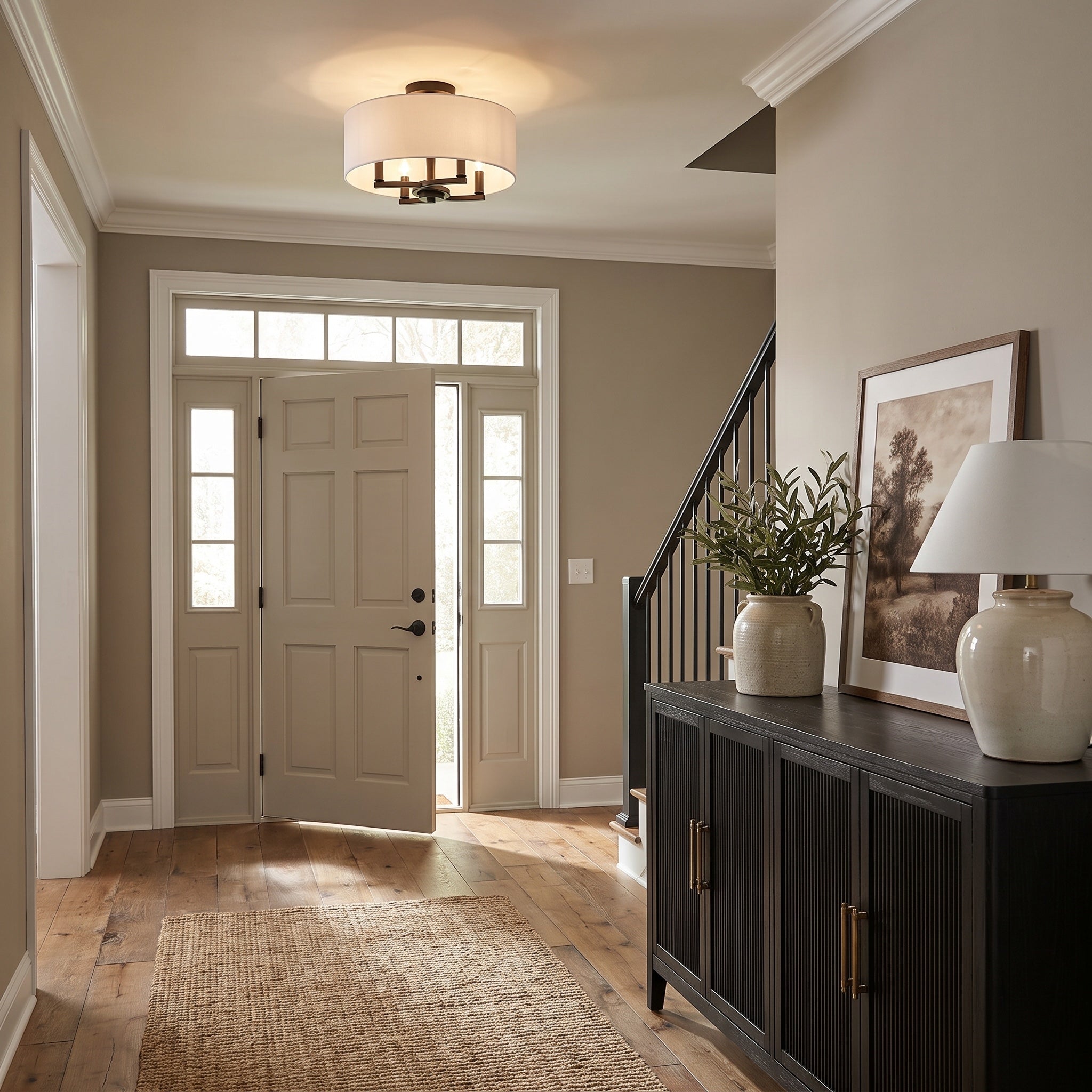 Eliana 4-light Semi-Flush Mount in Matte Black, AI-visualized entryway scene - Golden Lighting